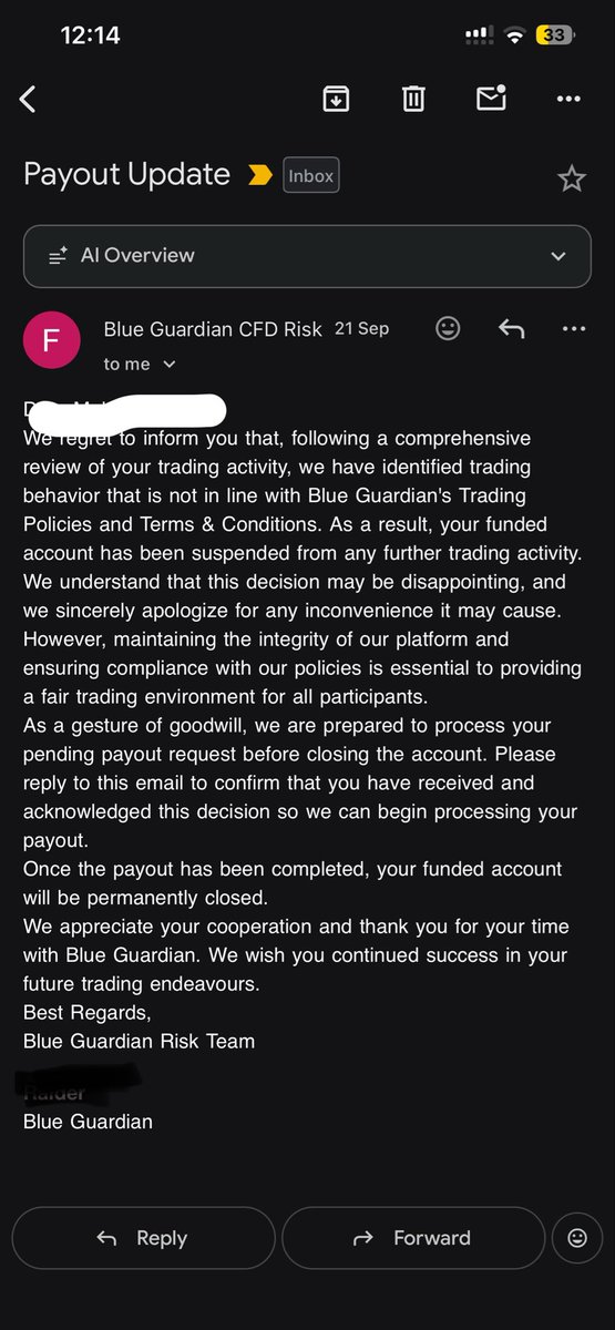VirkFX07's tweet photo. My experience with @BlueGuardiancom deserves an explanation.

I purchased two $200K accounts initially and failed both. I accepted that, fixed my strategy, improved my discipline, and purchased another two $200K accounts.

This time, I became consistently profitable.

After my second payout, Blue Guardian reduced my Guardian Shield to 0.5%. I was not given a clear reason. Instead of complaining, I tightened my risk management even further, continued trading within the rules, and reached my third payout.

That third payout was PAID.

I was then only one day away from becoming eligible for my fourth payout when Blue Guardian blocked my accounts and permanently banned me from the platform.

I have repeatedly asked one simple question:

What exact rule did I break?

So far, I have received no specific explanation.

I am confident that I did not knowingly breach the trading rules or engage in any unethical practice. If Blue Guardian believes otherwise, I am asking them to identify the specific trade, rule, or conduct that justified permanently banning me.

My challenge to @seanbaint and the @BlueGuardiancom team is simple:

Show me one legitimate rule violation that justifies the ban, and if I am proven wrong, I will publicly acknowledge it and apologise.

If there was no rule violation, then restore my accounts and publicly acknowledge what happened.

I am not asking for special treatment. I am asking for transparency and a fair explanation.

@blueguardianIN @BlueGuardiancom @PropFirmsGuru @PropFirmMatch @PropFirmBrigade @PropFirmWatch  @propfirmeye @Aliatcx