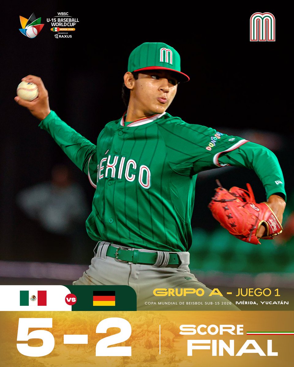 MexicoBeis's tweet photo. ¡GANÓ MÉXICO! 🇲🇽🔥

Nuestros muchachos dejaron todo en el diamante y consiguen la primer victoria en la Copa Mundial de Beisbol Sub-15 WBSC 2026. ✨

¡Vamos con todo! 👊🏻

#EsMiSangre🩸🇲🇽 https://t.co/FvS6MfahBh