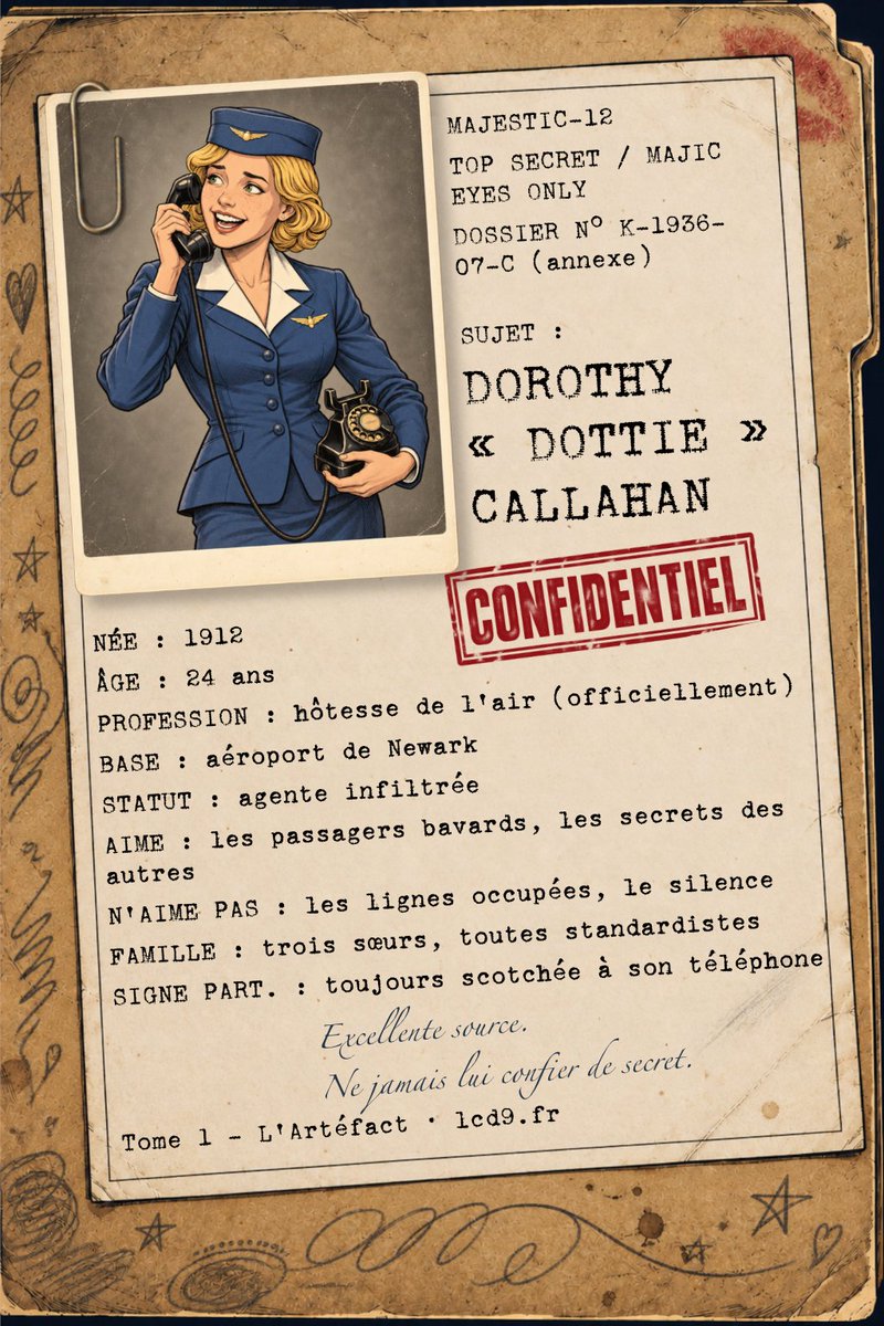 LCD9_1's tweet photo. Dossier annexe n° K-1936-07-C : Dorothy « Dottie » Callahan, hôtesse de l'air à Newark… officiellement. Toujours scotchée à son téléphone, et ses appels ne sont pas tous pour ses sœurs. ☎️

Le Conseil des 9 — Tome 1 : L'Artéfact · https://t.co/VZodkxKLnA

#BD #BandeDessinée #ia https://t.co/Or9QS42uA9