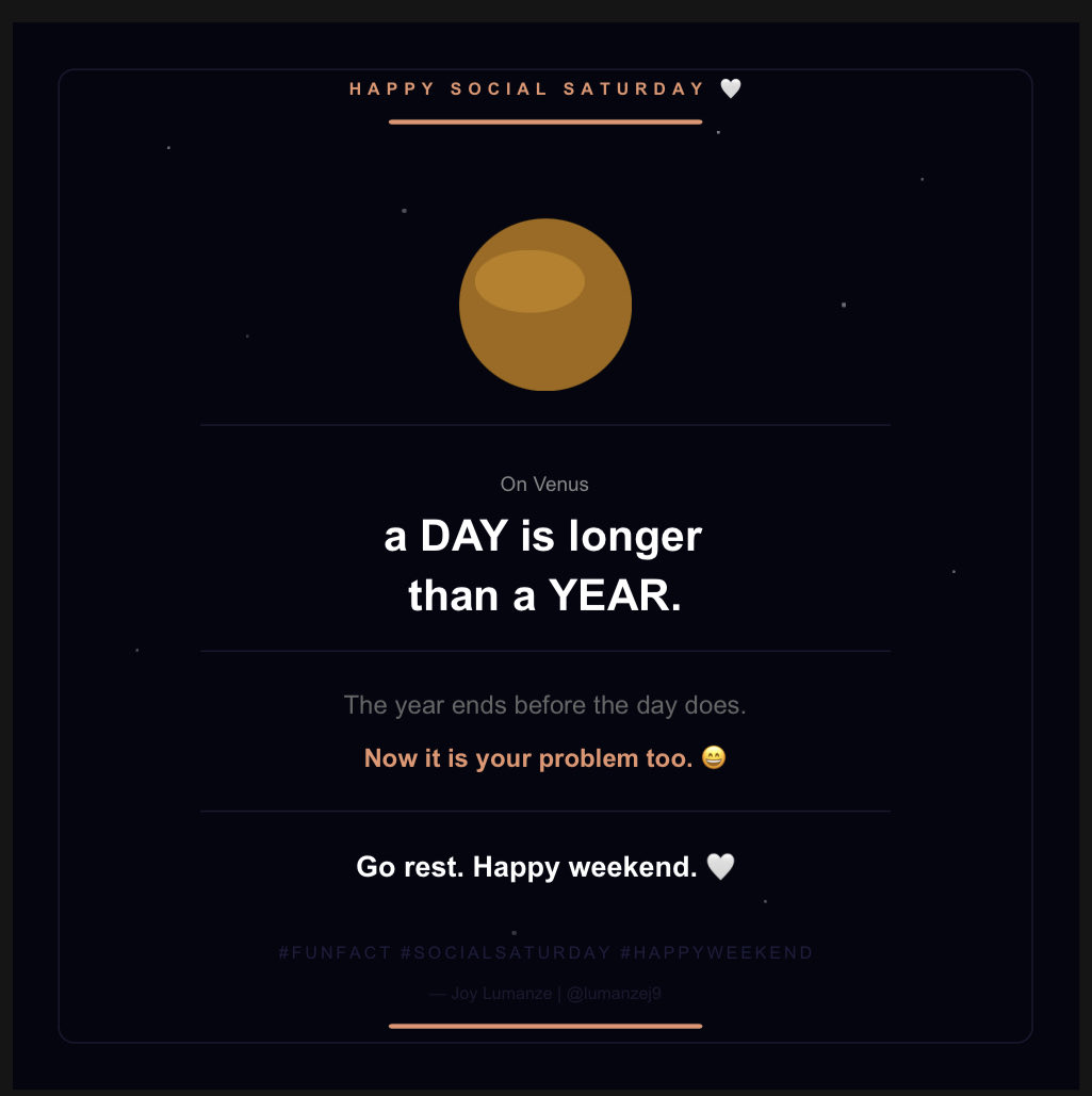 lumanzej9's tweet photo. A day on Venus is longer than a year on Venus.
The year ends before the day does.
Now it is your problem too. 😄
Happy Social Saturday. 🤍
@lumanzej9 #FunFact #SocialSaturday https://t.co/f4W8ePrazA
