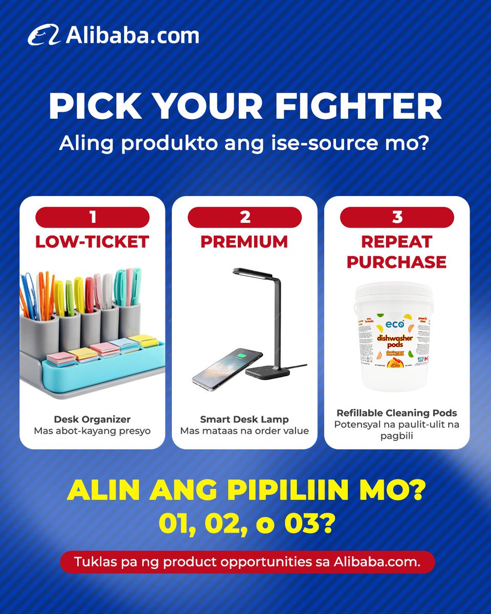 AlibabaSEA_'s tweet photo. Low-Ticket, Premium, or Repeat Purchase? Each offers a different business opportunity, from easy testing to higher order value and repeat sales.

💡 Which one would you pick: 01, 02, or 03? Explore more on https://t.co/Jam8DjxYfI.

#AlibabaCom #ProductDiscovery #SmartSourcing https://t.co/Ud7qF7juBi