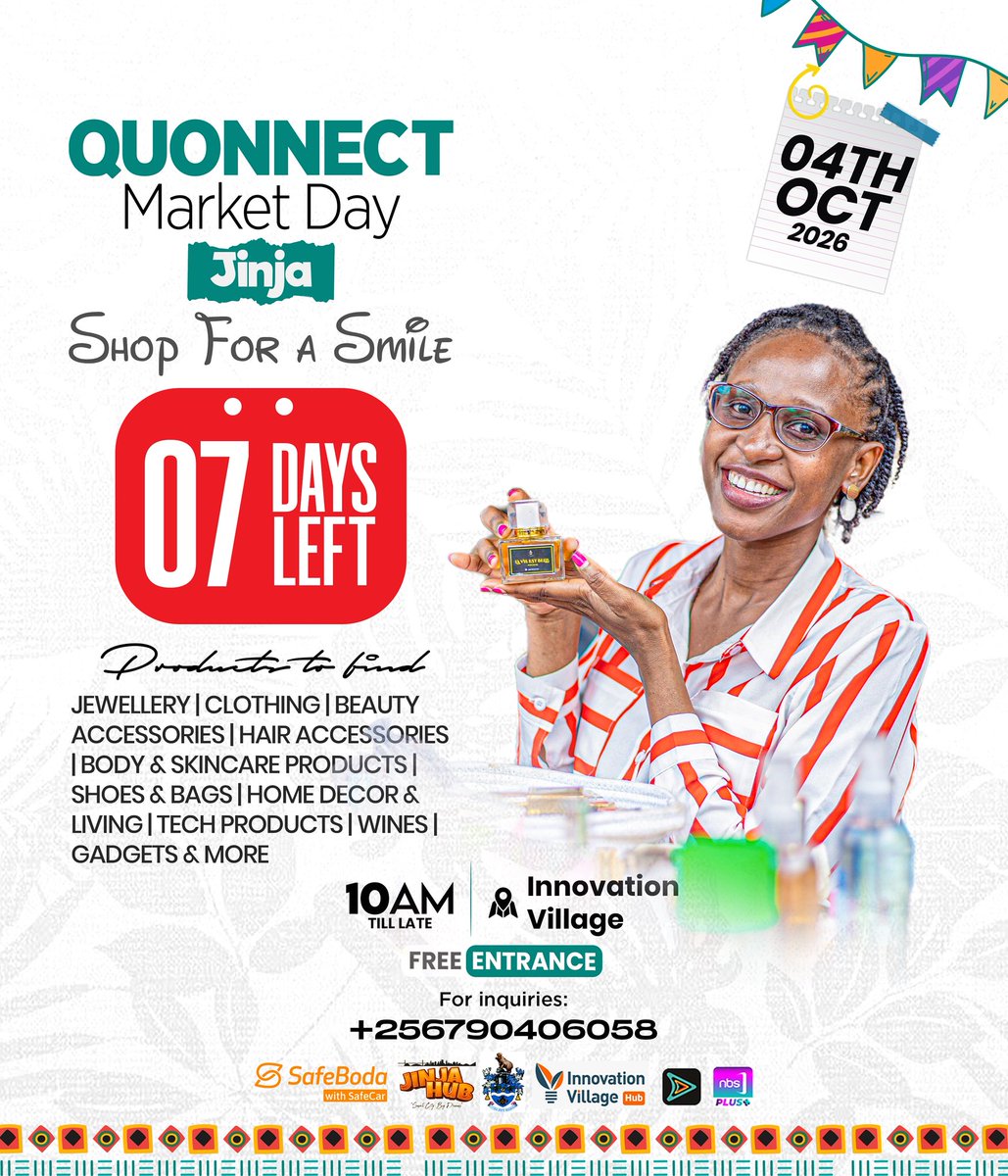 QuonnectMarketD's tweet photo. 7 DAYS TO GO, JINJA

QUONNECT Market Day is almost here

Get ready to shop, vibe and have fun. 🥳

📅 4th October
📍 Innovation Village, Jinja
🎟️ FREE ENTRY

#QuonnectMarketDay🥳🥳 https://t.co/7PwyYfzxRl