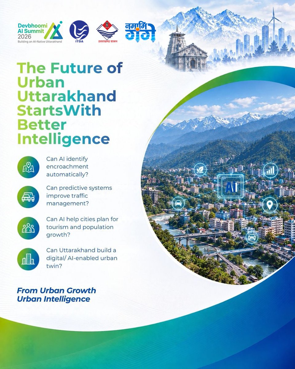 DevboomiAI's tweet photo. Uttarakhand’s cities are growing. Can intelligence grow with them? 

AI, satellite data, GIS &amp; predictive analytics can open new possibilities for smarter urban planning.
From Urban Growth to Urban Intelligence.

#DevbhoomiAISummit #SmartCities #UrbanAI #Uttarakhand https://t.co/YOOP86srNk
