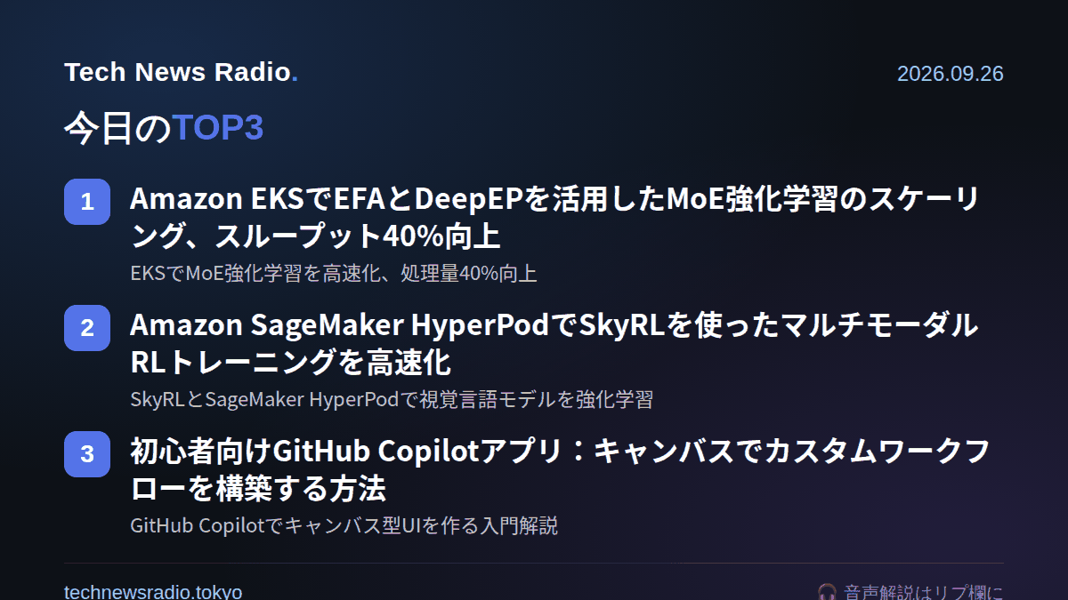 technewsradiojp's tweet photo. MoEモデルの強化学習で、ボトルネックの正体はGPUの計算力ではなく「通信」でした。AWSがEKS上でこれを解消し、スループットを40%引き上げたという事例が出ています。

【背景】
MoE（専門家混合）モデルは、入力ごとに一部の専門家ネットワークだけを使う設計です。効率的に見えますが、実際には各GPU・各ノードに散らばった専門家同士でデータを頻繁にやり取りする必要があります。これがRLHFやGRPOのような強化学習の訓練になると、ロールアウト（試行データの生成）と学習を何度も往復するため、通信のたびに遅延が積み重なります。GPUの演算性能がどれだけ高くても、ネットワークが詰まっていれば全体の速度はそこに引っ張られます。大規模GPUクラスタを扱う現場では、もはや「計算力の勝負」から「通信設計の勝負」に軸足が移りつつあります。

【仕組み】
今回の構成は、Amazon EKS（マネージドKubernetes）上でMoEの強化学習を回す際に、EFA（Elastic Fabric Adapter、AWSの高速ネットワーク機能）とDeepEP（MoE向けの通信最適化ライブラリ）を組み合わせています。EFAはノード間通信の遅延を抑える専用のネットワークパスを提供し、DeepEPは専門家ネットワーク間のデータ交換を効率的にスケジューリングします。さらにAmazon S3を絡めたアーキテクチャで、モデルやデータのやり取りをストレージ層も含めて最適化しています。結果として、ロールアウト処理全体のスループットが40%向上したと報告されています。GPU自体を増強したわけではなく、「詰まっていたパイプを広げた」ことによる改善という点がポイントです。

【なぜ重要か】
LLMの学習コストにおいて、ネットワークは地味ながら最も見過ごされがちな変数です。GPUクラスタの規模がどれだけ大きくても、通信がボトルネックなら投資対効果は頭打ちになります。今回の事例は、クラウド事業者がKubernetesのような汎用基盤の上に、専用ネットワーク技術をどう組み込むかという設計思想を示しています。EKSという「誰でも使えるインフラ」の上でこれを実現している点は重要で、大企業の専用クラスタだけでなく、中堅のAI企業やスタートアップにも同様の恩恵が広がる可能性を示唆しています。強化学習を伴うポストトレーニング（RLHF、GRPOなど）が主流になるほど、この種の通信最適化の価値は増していきます。

【今後の予測】
今後、MoEアーキテクチャの採用が広がるにつれて、GPU選定と同じくらい「ネットワーク設計」がAI企業の技術選定における重要項目になっていくと見ています。AWS以外のクラウド事業者も同様の専用ネットワーク技術とKubernetesの組み合わせを打ち出してくる可能性が高く、これは事実上「AI学習インフラの標準構成」争いの一部になっていくでしょう。日本のスタートアップにとっても、自前でGPUクラスタを組むより、こうしたマネージド最適化の恩恵をどう取り込むかが、開発速度と学習コストの差になっていくはずです。

みなさんの現場では、モデル学習のボトルネックはGPUの数と通信、どちらに当たった経験がありますか。

#深掘り #テックニュース #AI