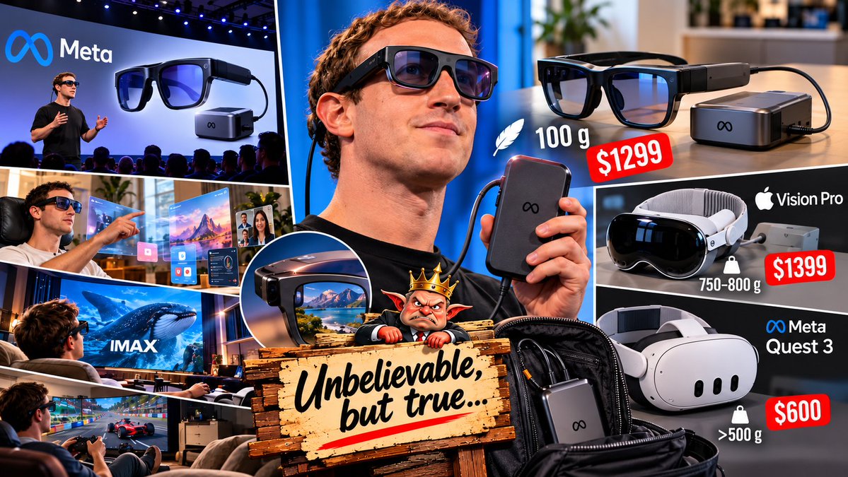 n_no_f_eu's tweet photo. #Meta Unveils $1,299 VR Glasses: Offloading Hardware Weight for All-Day Wearability

At Connect 2026, #Meta unveiled the Meta VR #Glasses—a $1,299.99 spatial computing wearable scheduled for release in spring 2027. The system shifts #VR hardware design by separating processing power and battery capacity from the head-mounted frame, reducing the facial weight burden.

The primary visor weighs ~100 grams, while the external computing puck—housing the battery, storage, and active cooling—weighs ~300 grams and connects via a thin fiber-optic tether. By comparison, the Apple Vision Pro weighs 750–800 grams with a tethered battery, while the Meta Quest 3 exceeds 500 grams.

Positioned at $1,299.99, Meta targets the middle ground between mass-market gaming headsets (~$600 Quest 3) and high-end enterprise spatial computers (Apple's $3,699+ Vision Pro).

Technical Specifications & Hardware Trade-Offs
Display & Optics: Dual HDR micro-OLED panels delivering a combined 5K resolution (2412×2288 per eye), up to 120Hz refresh rate, and 37 pixels per degree (PPD).

Field of View (FoV): Reduced to ~70°×66°—a noticeable trade-off compared to the wider FoV on the Quest 3, optimized to maintain high angular resolution in a compact frame.

Compute Module: External puck runs on Qualcomm's Snapdragon Reality Elite platform paired with 12GB RAM and 128GB base storage.

Interaction & Passthrough: Supports full-color passthrough, eye tracking, hand tracking, and gesture control. Touch controllers are optional.

Power & Media: Up to 3 hours of video playback with 45W fast charging support. Features #IMAX Enhanced certification, #Dolby Vision, Dolby Atmos, and native integration for #Disney+, #Prime Video, and #Xbox Cloud Gaming.

Mark Zuckerberg signaled a pivot in Meta’s hardware roadmap, moving away from frequent iterative headset updates toward long-cycle releases that depend on architectural leaps. By offloading heavy compute components to a pocket-sized puck, Meta prioritizes facial comfort for extended media consumption and virtual workspace productivity.

Unbelievable, but true…

https://t.co/kZQSFGD3bB