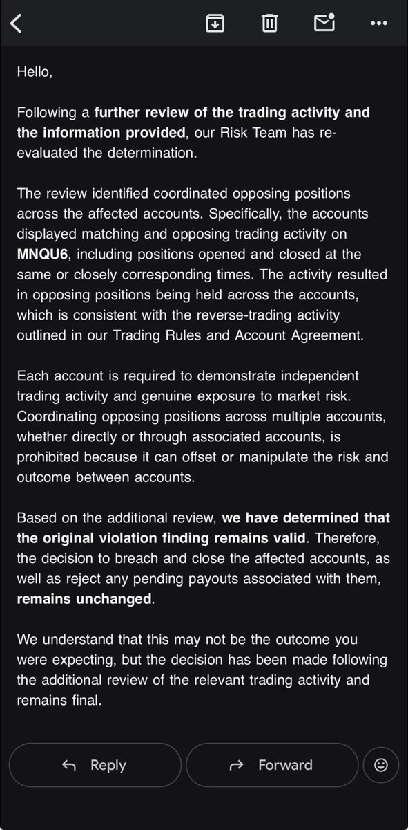 propfirmnation1's tweet photo. 🚨 ANOTHER TRADER, SAME FIRM, SAME PAYOUT DISPUTE 🚨

Trader @ambitiousmind06 says @GuardianFutures rejected a $7K payout and restricted access to accounts with a combined balance of $26K.

According to Guardian Futures, the decision was based on alleged “coordinated opposing positions” in MNQU6, citing trades that were opened and closed at the same or closely corresponding times.

The trader disputes the allegation, saying there was no coordinated or hedging activity and that the firm has not provided sufficient evidence to support the decision.

$7K payout denied. $26K balance restricted.

The key question: What evidence supports the decision?

Transparency matters.

@GuardianFutures @seanbaint @Aliatcx

#PropFirms #FuturesTrading #TradingCommunity