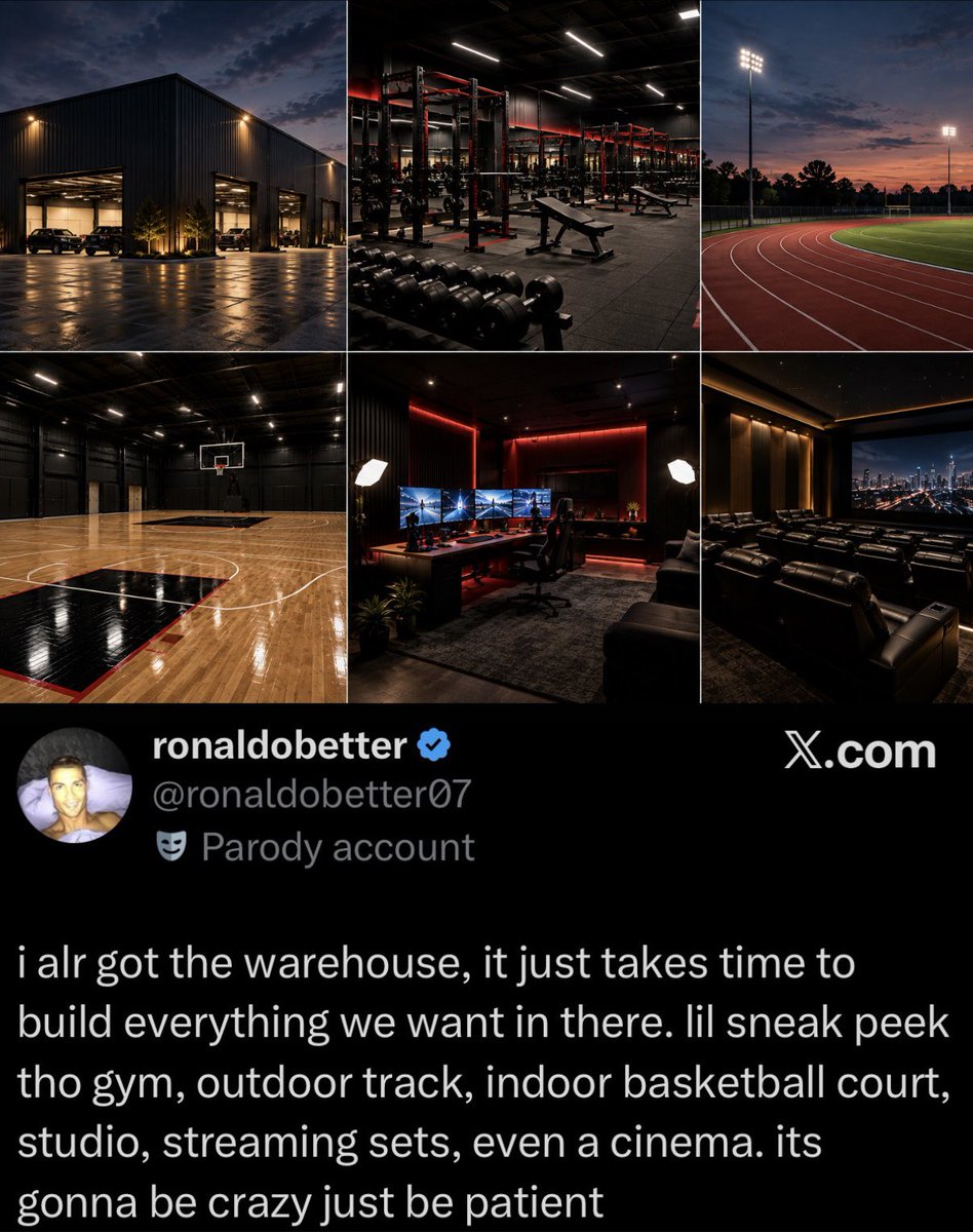 IShowSpeedHQ's tweet photo. 🚨| NEW: Speed reveals his plans for his NEW warehouse, including a gym, outdoor track, indoor basketball court, streaming sets and even a CINEMA 🤯🔥

“It’s gonna be crazy, just be patient.” https://t.co/8N0tpt677U
