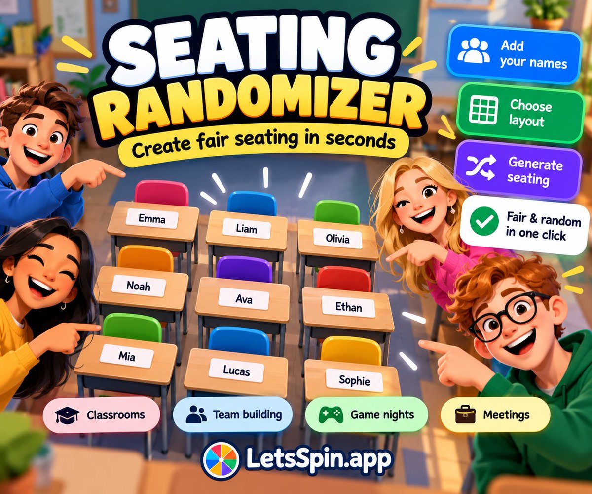 LetsSpinapp's tweet photo. Stop wasting time deciding who sits where. 🪑🎲

Use the free Seating Randomizer to create a fair, random seating plan in seconds.

Perfect for classrooms, meetings, workshops &amp; more.

👉 https://t.co/zkAta6P0Wp

#SeatingChart #Teachers #LetsSpin https://t.co/zl0dYXwJpN