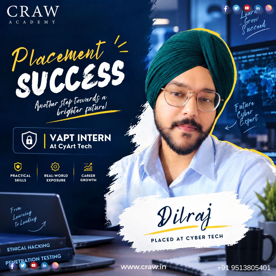 crawsec's tweet photo. π **Congratulations, Dilraj!** π
Another proud placement milestone from **Craw Academy**! π Weβre happy to see **Dilraj** begin his professional journey as a **VAPT Intern at CyArt Tech**. π»π
#CrawAcademy #CrawSecurity #PlacementSuccess #Dilraj #CyArtTech #VAPT #VAPTIntern https://t.co/euU4p0T8lu