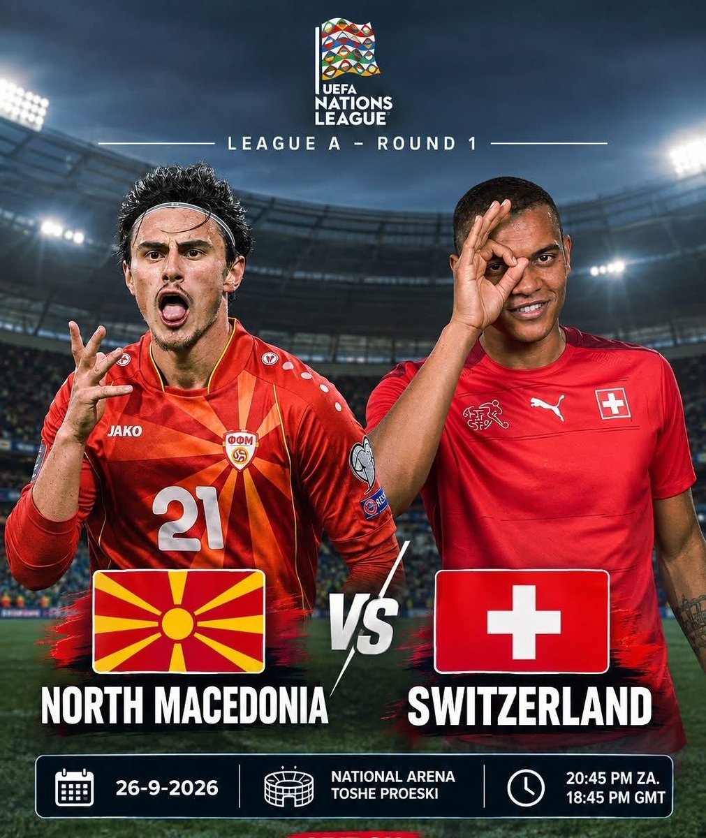 THEFINAL_3R's tweet photo. 🇲🇰 North Macedonia 🆚 Switzerland 🇨🇭

A fascinating League B clash! 👀🔥

North Macedonia have home advantage, but Switzerland arrive with plenty of experience at this level. Expect an intriguing tactical battle. ⚽🧠

#NationsLeague #NorthMacedonia #Switzerland https://t.co/e4a9ktPzNc