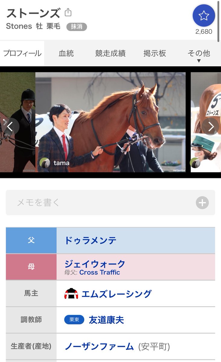 banco_ran's tweet photo. netkeibaから「ストーンズの出走が確定しました」って通知きて何かと思ったら、おそらく名前が決まる前にお気に入りに入れてた馬で運命感じてる
そして船橋に移籍っぽい
頑張ってね…！ https://t.co/fngjJNyeRE