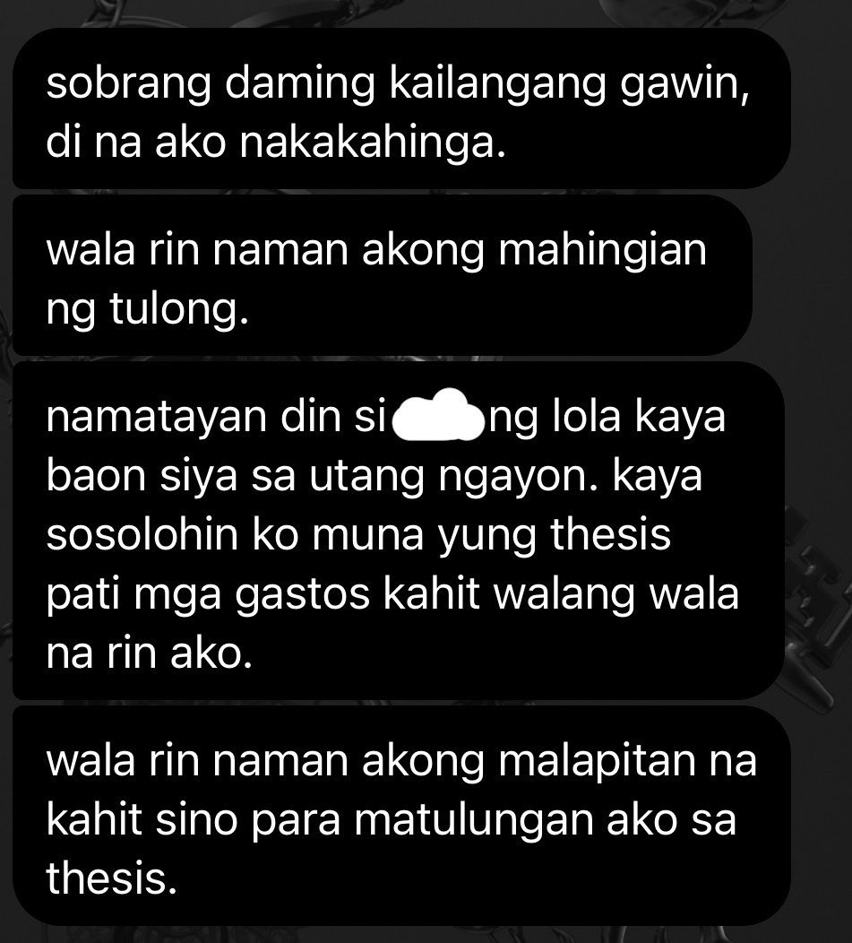 rosxzee's tweet photo. 𝗣𝗥𝗢𝗠𝗢 𝗣𝗔𝗥𝗔 𝗦𝗔 𝗧𝗛𝗘𝗦𝗜𝗦 𝗔𝗡𝗗 𝗔𝗟𝗟𝗢𝗪𝗔𝗡𝗖𝗘 

awang awa ako sa bf ko, BS BIO course niya and pareho kaming graduating na. meron silang 50k na gastusin para sa thesis huhu. dalawa lang sila sa thesis and namatayan pa ‘yong kasama niya. naaawa ako na maddelay siya sa graduation kaya gustong gusto ko makatulong huhu. may mga problema din  ako sa thesis at allowance kaya if may extra kayo or gusto niyong magpapromo please let me know. help us guys kasi hindi ko na rin alam talaga :((