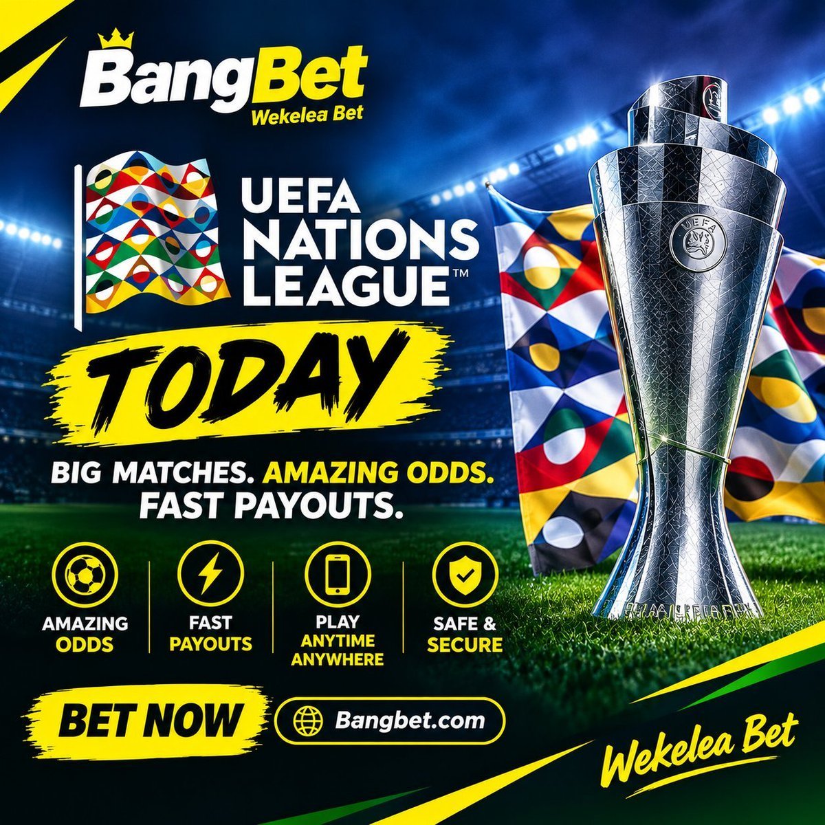 Jabalandkee's tweet photo. UEFA NATIONS LEAGUE DAY 3 🔥🔥. place your bet on Bangbet. to register, click on https://t.co/1n5Qy3eKRO 

enjoy Boosted odds 
Fast payout 
wacha niwaletee slip ya leo 💸🔥 https://t.co/1QwKSHF0jI