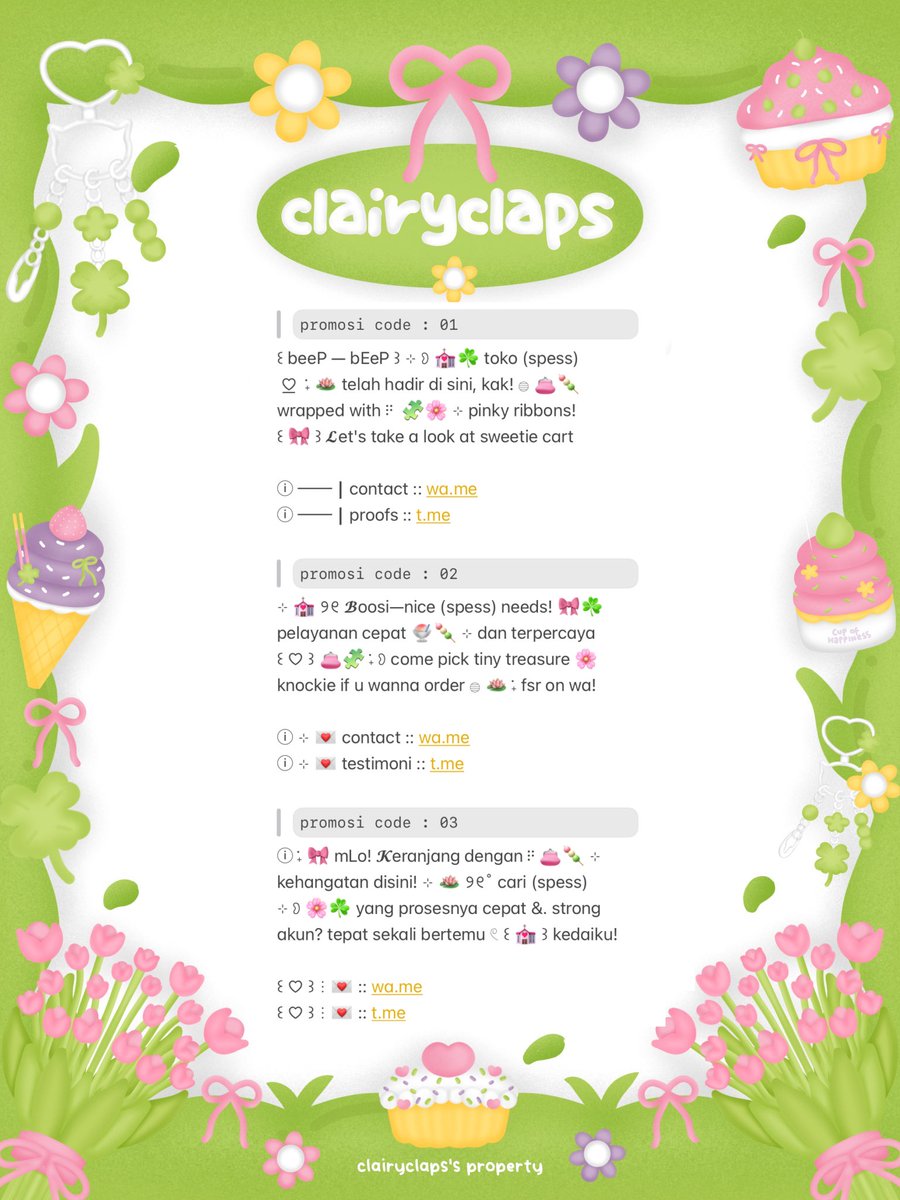 clairyclaps's tweet photo. ⓘ ࣪˖ 💌 help retweet? arigaTo 🎀

こんにちは, chei is back! ୨୧˚🌸☘️ ⊹
ada 6 wording promosi ready stock
bisa dijemput യ 👛 ⊹ hanya ꒰ 5.5OO ꒱
ketuk dm ku kalau mau jajan yah! 💒

♡ #zonauang ♡ https://t.co/i8DTzy1P4K