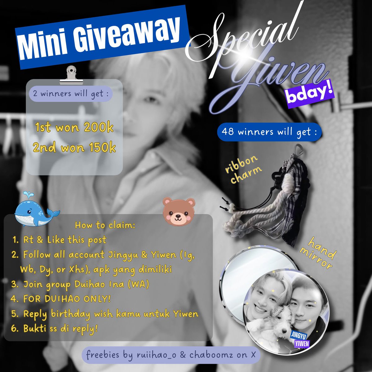ruiihao_o's tweet photo. 🎁 𝐆𝐈𝐕𝐄 𝐀𝐖𝐀𝐘 🎁

॰˳ཻ̊♡ 𝑺𝙥𝒆𝙘𝒊𝙖𝒍 𝒀𝙞𝒘𝙚𝒏 𝑩'𝑫𝙖𝒚 🐻💜

𝐵𝑦: @ruiihao_o & @chaboomz
▰▰▰▰▰▰▰▰▰▰▰▰▰▰▰▰▰▰▰▰▰▰
📢𝐴𝑛𝑛𝑜𝑢𝑛𝑐𝑒 𝑊𝑖𝑛𝑛𝑒𝑟𝑠: 08 𝑜𝑐𝑡 2026.

❥ 𝚆𝚒𝚗𝚗𝚎𝚛𝚜 𝟷 & 𝟸 𝚠𝚒𝚕𝚕 𝚋𝚎 𝚌𝚑𝚘𝚜𝚎𝚗 𝚛𝚊𝚗𝚍𝚘𝚖𝚕𝚢 
❥ ❥ 𝙻𝚒𝚖𝚒𝚝𝚎𝚍 𝚚𝚞𝚊𝚗𝚝𝚒𝚝𝚢
❥ 𝚂𝚑𝚒𝚙𝚙𝚒𝚗𝚐 𝚋𝚢 🍊
❥ 𝚁𝚞𝚕𝚎𝚜 𝚒𝚗 𝚝𝚑𝚎 𝚙𝚒𝚌𝚝 
❥ 𝙶𝙾𝙾𝙳 𝙻𝚄𝙲𝙺! <𝟹

✅️𝐃𝐮𝐢𝐡𝐚𝐨 𝐈𝐍𝐀 𝐨𝐧𝐥𝐲 🇮🇩

#specialdaywithyiwen #1311 #YuYi
#LiuJingyuXiongYiwen #AWinterSunWakestheWindinSpringHillsDream