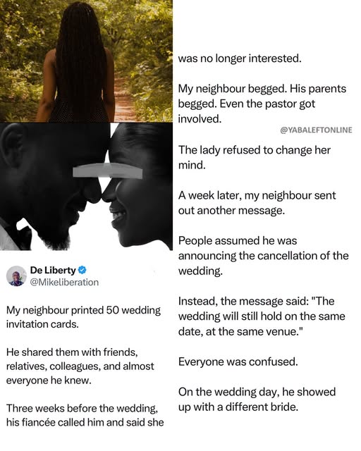 yabaleftonline's tweet photo. Man shows up to his wedding with a different bride 3 weeks after his fiancée refused to go on with the wedding https://t.co/v42GZEChfN