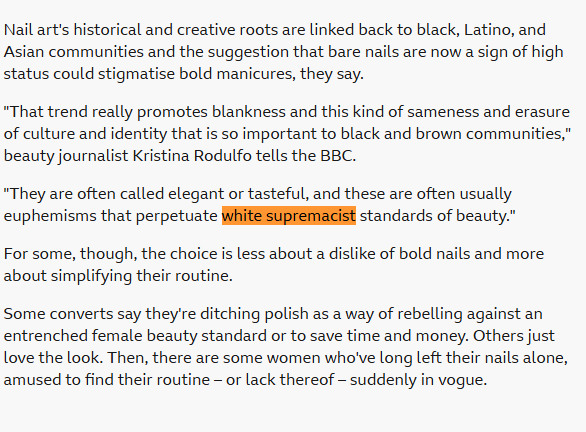 BasilTheGreat's tweet photo. What's racist today?

Oh... the BBC are saying that women who don't paint their nails are "WHITE SUPREMACISTS" https://t.co/uXIuUCqvQR