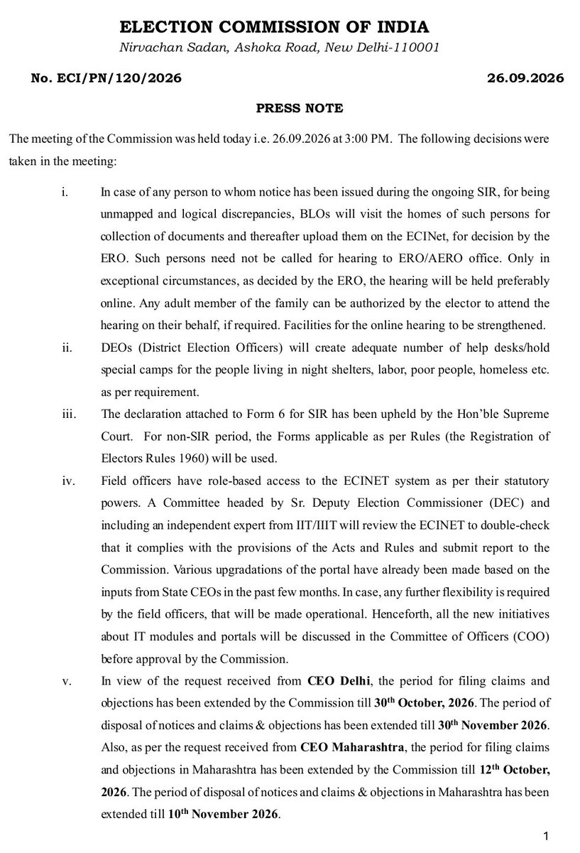 ECISVEEP's tweet photo. A meeting of the Election Commission of India was held today, 26 September 2026, at 3:00 PM at Nirvachan Sadan, New Delhi.

Chief Election Commissioner Shri Gyanesh Kumar and Election Commissioners Dr. Sukhbir Singh Sandhu and Dr. Vivek Joshi were present in today’s meeting.

Read details in the Press Note
— https://t.co/bLrQulHokH

#ECI