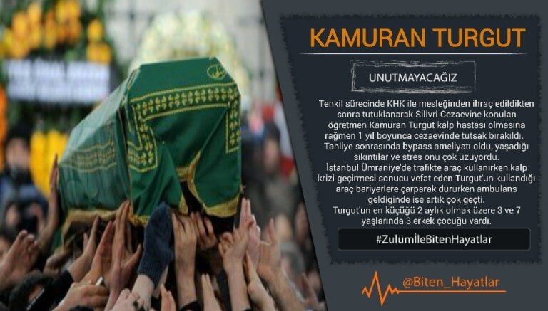 biten_hayatlar's tweet photo. KAMURAN TURGUT
Biri 2 aylık 3 çocuk babası, KHK ile ihraç edilip kalp hastası olmasına rağmen tutuklandı.
Bypass ameliyatı sonrası kalp krizinden kapanmayan hesaplarla vefat etti.
25.09.2019

#Unutmayacağız
#Unutturmayacağız
#ZulümİleBitenHayatlar
https://t.co/DvS6zi6iIL https://t.co/G1NPk1FAez