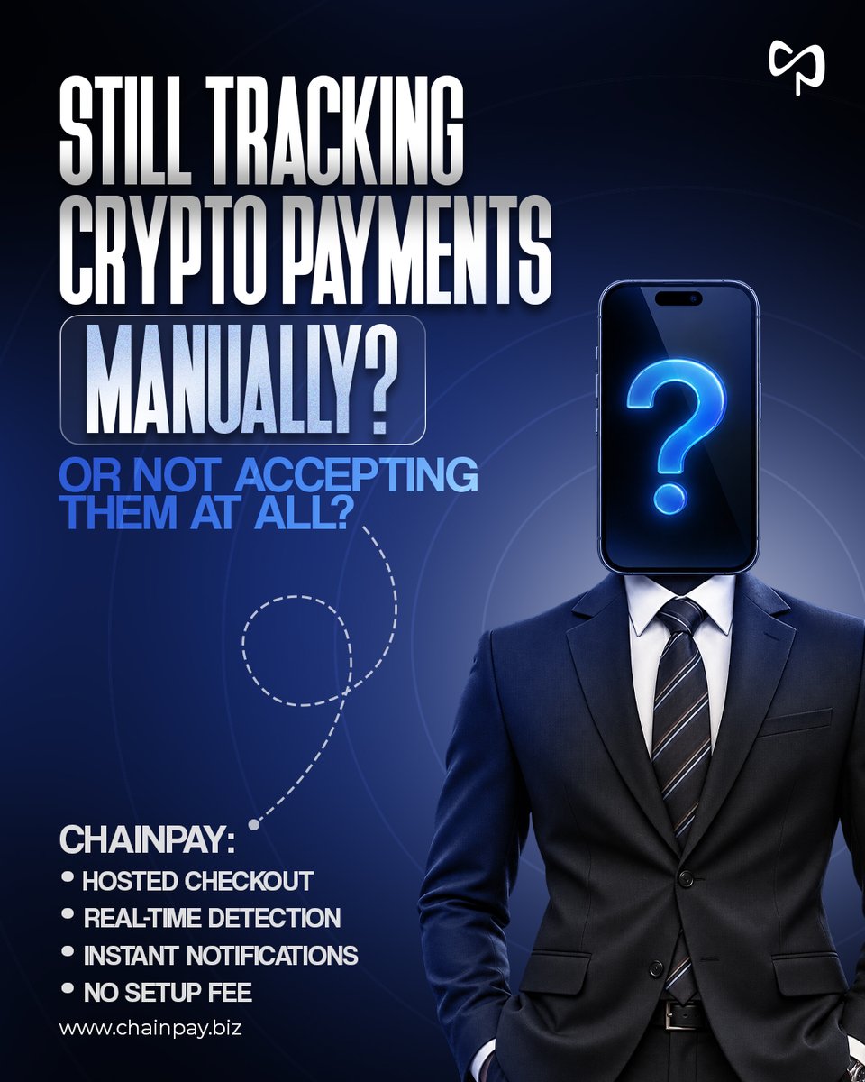 ChainPayHQ's tweet photo. Still manually tracking crypto payments? Or not accepting them at all?

ChainPay gives you a hosted checkout, real-time payment detection, and instant webhook notifications with no setup fee.

Link in bio.

#ChainPay #CryptoPayments #Web3 #PaymentGateway #Automation https://t.co/FiRjKTlRCn