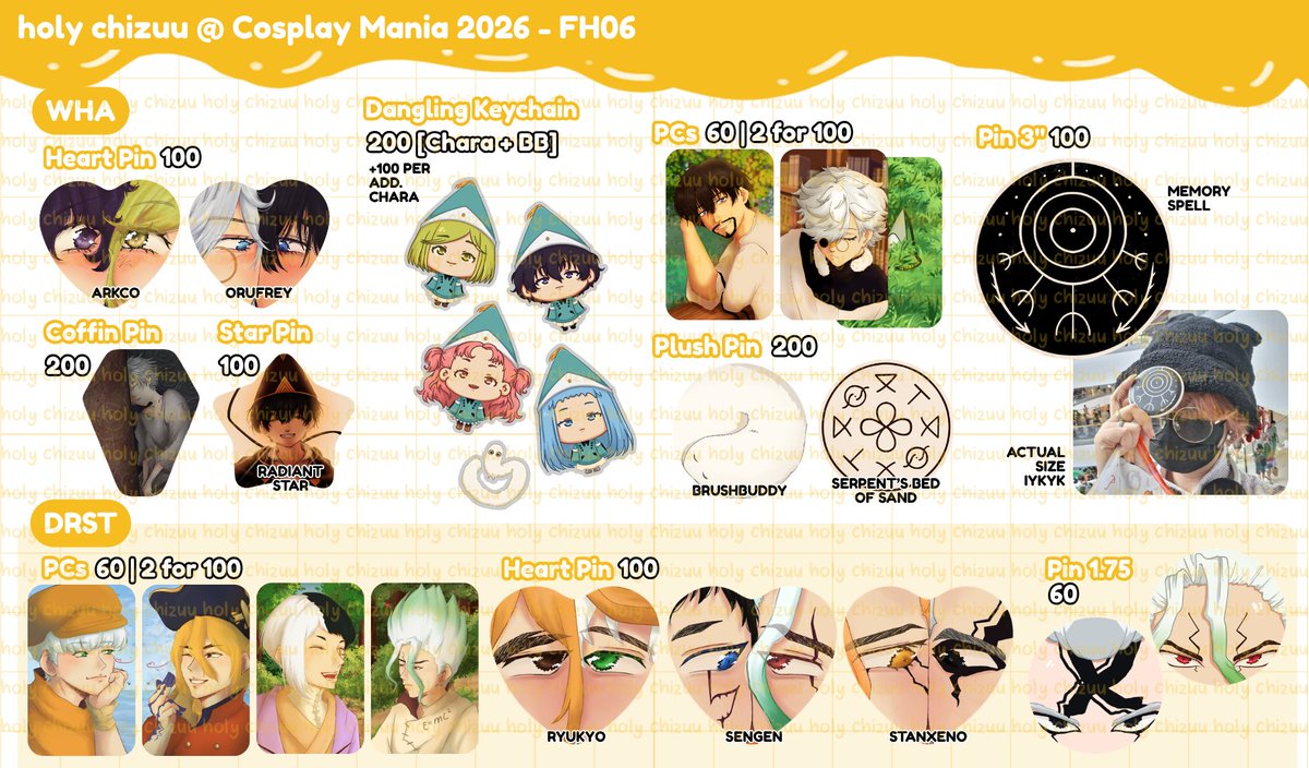 holychizuu's tweet photo. ❤️🔄 appreciated ^^

🧀 Cosplay Mania 2026 Catalogue 🪽
📍 FH06
📍 GSGW ORTA Sketch THGLL WHA DRST TGSWIIWAGAA WBK TSHD Apothecary Diaries In the Clear Moonlit Dusk Special A A Sign of Affection Tamon's B Side Frieren TBHK OHSHC

#CosplayMania2026 #FanfairAtCosplayMania2026 https://t.co/GLoy3tsTue