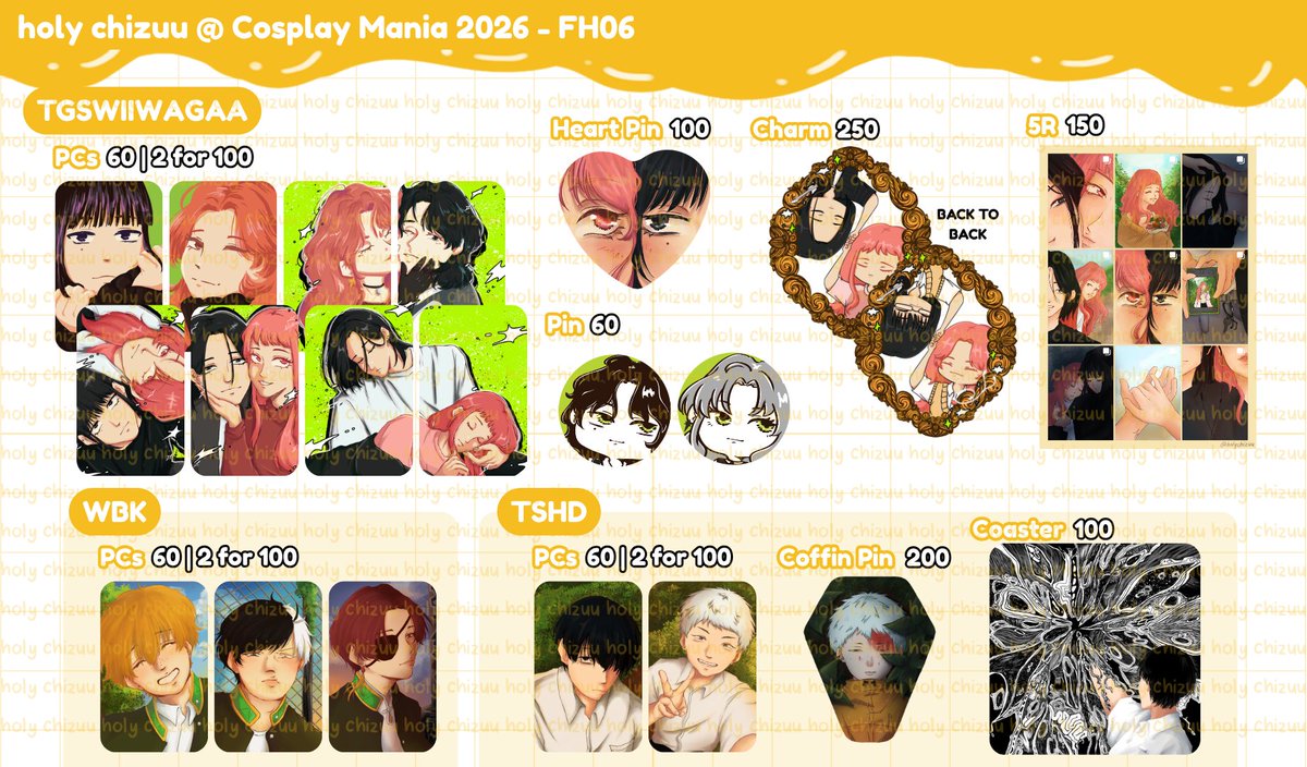 holychizuu's tweet photo. ❤️🔄 appreciated ^^

🧀 Cosplay Mania 2026 Catalogue 🪽
📍 FH06
📍 GSGW ORTA Sketch THGLL WHA DRST TGSWIIWAGAA WBK TSHD Apothecary Diaries In the Clear Moonlit Dusk Special A A Sign of Affection Tamon's B Side Frieren TBHK OHSHC

#CosplayMania2026 #FanfairAtCosplayMania2026 https://t.co/GLoy3tsTue