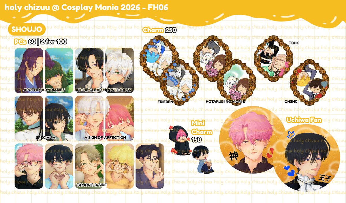 holychizuu's tweet photo. ❤️🔄 appreciated ^^

🧀 Cosplay Mania 2026 Catalogue 🪽
📍 FH06
📍 GSGW ORTA Sketch THGLL WHA DRST TGSWIIWAGAA WBK TSHD Apothecary Diaries In the Clear Moonlit Dusk Special A A Sign of Affection Tamon's B Side Frieren TBHK OHSHC

#CosplayMania2026 #FanfairAtCosplayMania2026 https://t.co/GLoy3tsTue