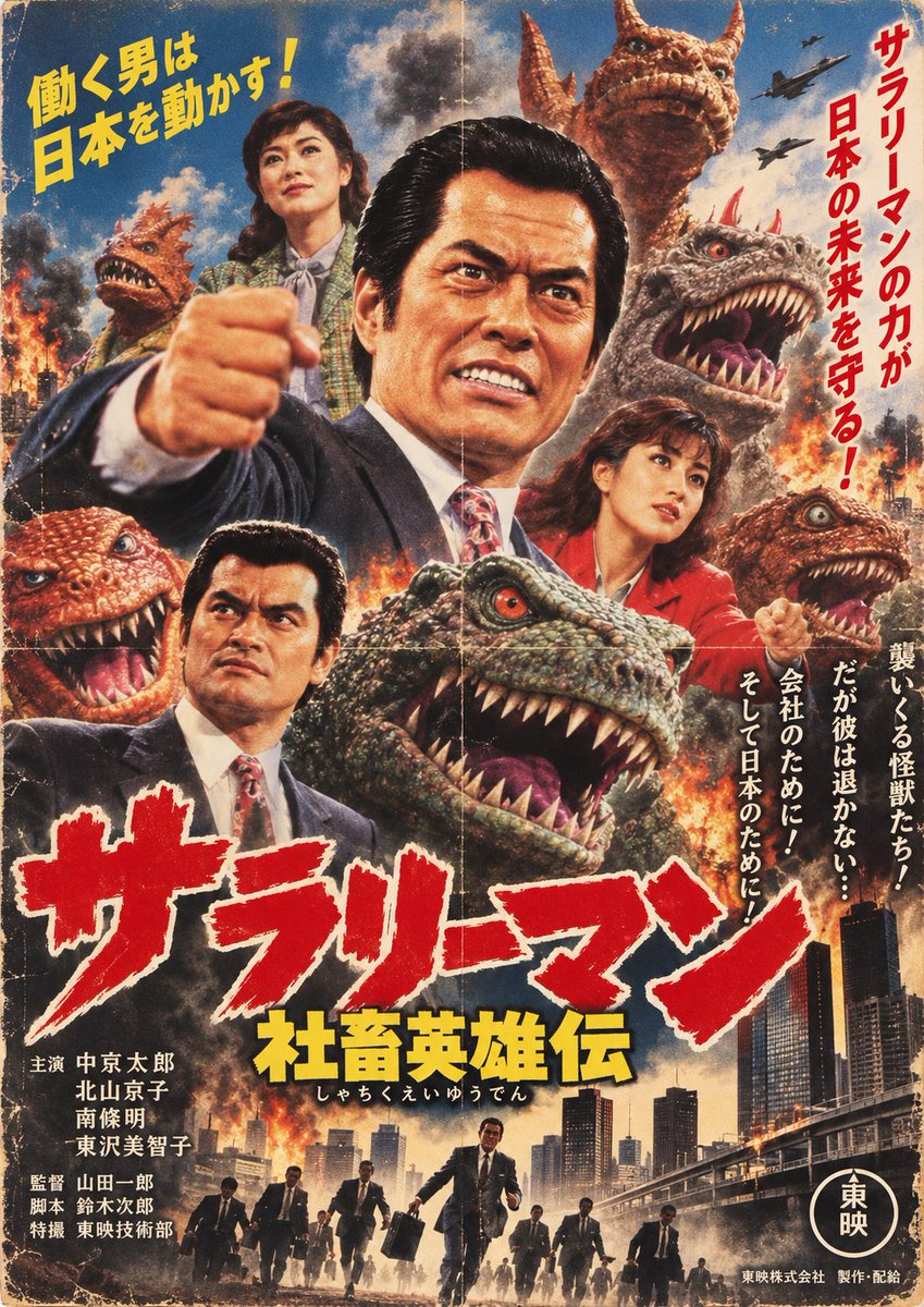 kntm_info's tweet photo. ふと「今ならあの頃はアジア映画に思えた #架空昭和史 」のポスターを日本語で再現できるんじゃないかと思い、発案者であるプロハンバーガー巨匠 (@mandokoro)の「サラリーマン社畜英雄伝」をChatGPTに画像読み込み+プロンプトで再生成させてみた。

うおお!! バリバリ進化したことが見て取れる!! https://t.co/xVqHqPdGYX