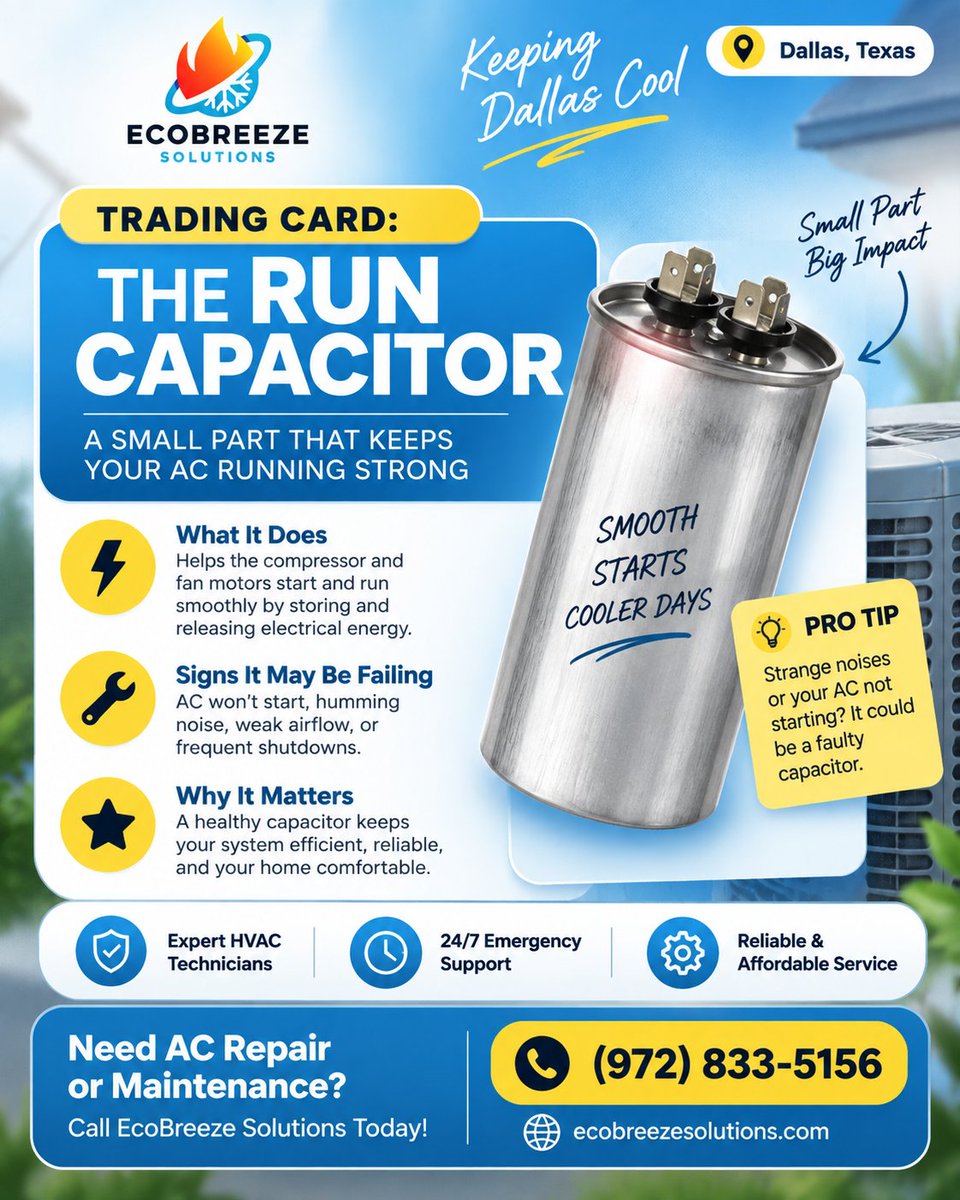 ecobreeze0's tweet photo. Trading Card: The Run Capacitor

#EcoBreeze #DallasHVAC #DFWHVAC #Ductwork #DuctSealing #HVACTips #ACRepair #TexasHVAC #AirConditioning 

https://t.co/tEJ7thxt4v https://t.co/YeQcoHqEfr