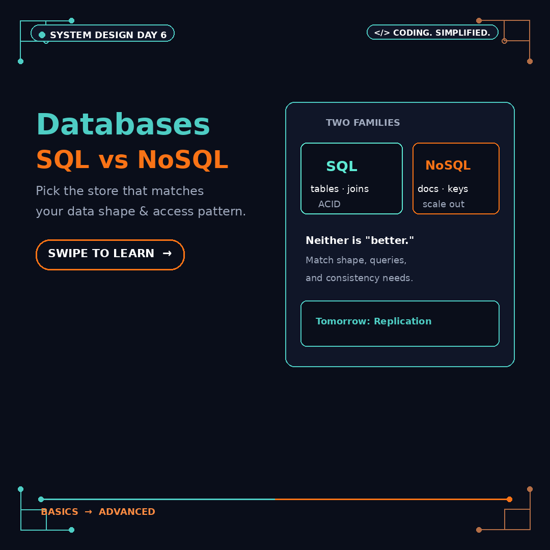 gagu_sh's tweet photo. Day 6 System Design: Databases - SQL vs NoSQL.

SQL = tables, joins, ACID (structured truth)
NoSQL = docs/keys/wide-col (flexible + scale-out)

Choose by data shape, query path, consistency.

#SystemDesign #Databases #SQL #NoSQL #Backend https://t.co/zrvSqvcFOF