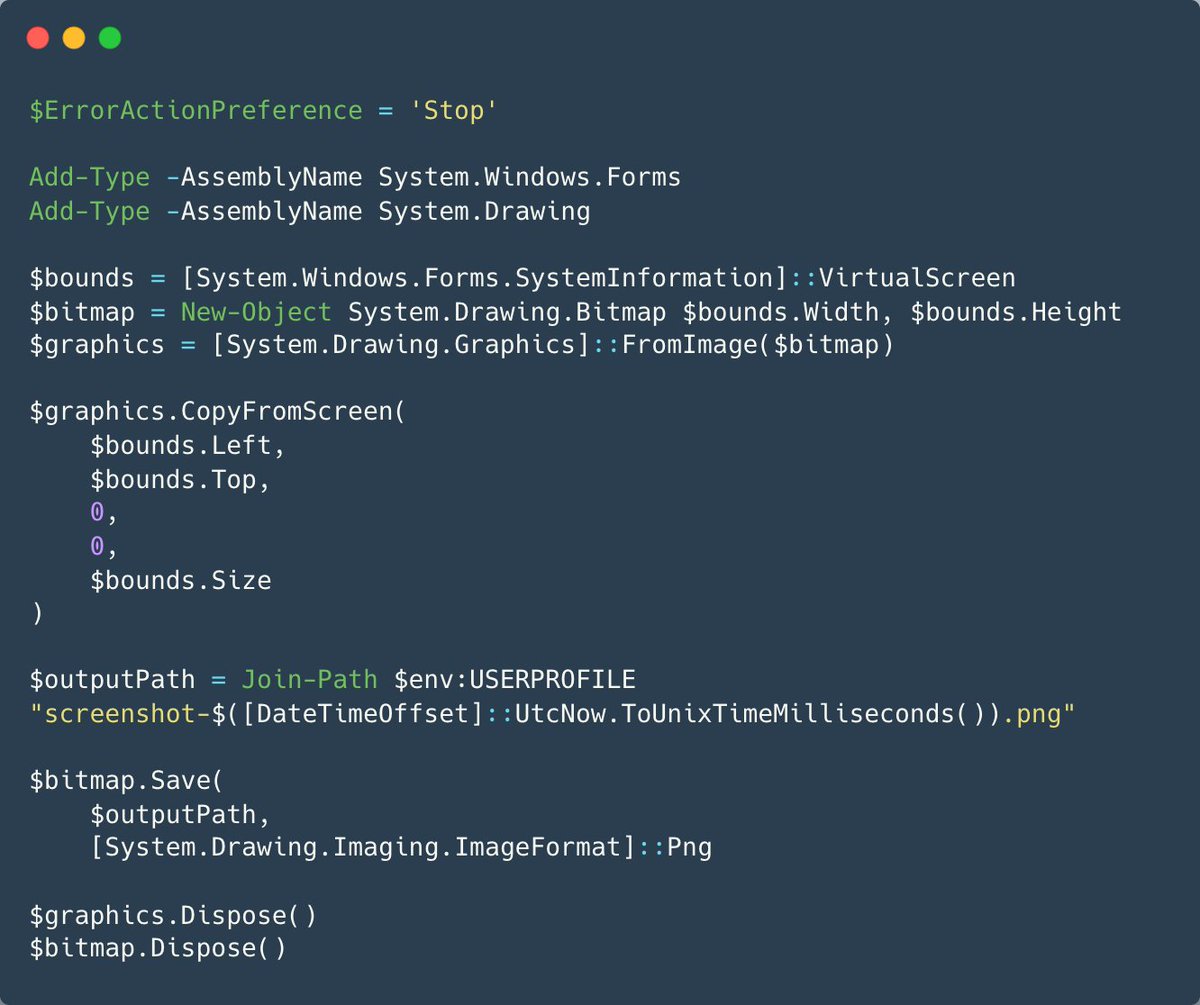 malmoeb's tweet photo. As mentioned in yesterday’s post, several users downloaded a malicious installer that ultimately executed ChainScript.

Part of the Hands-On Recon chain involved taking screenshots using PowerShell. The screenshot below shows the relevant code. This becomes particularly interesting from a detection perspective when PowerShell logging is enabled, and the resulting events are collected centrally.

As is often the case, Elastic already has a detection rule covering this technique. It looks for PowerShell content containing:
CopyFromScreen AND ("System.Drawing.Bitmap" OR "Drawing.Bitmap")

A nice example of how relatively simple PowerShell Script Block Logging can expose attacker collection activity.

Source:
https://t.co/Ycr0oXy6Y7