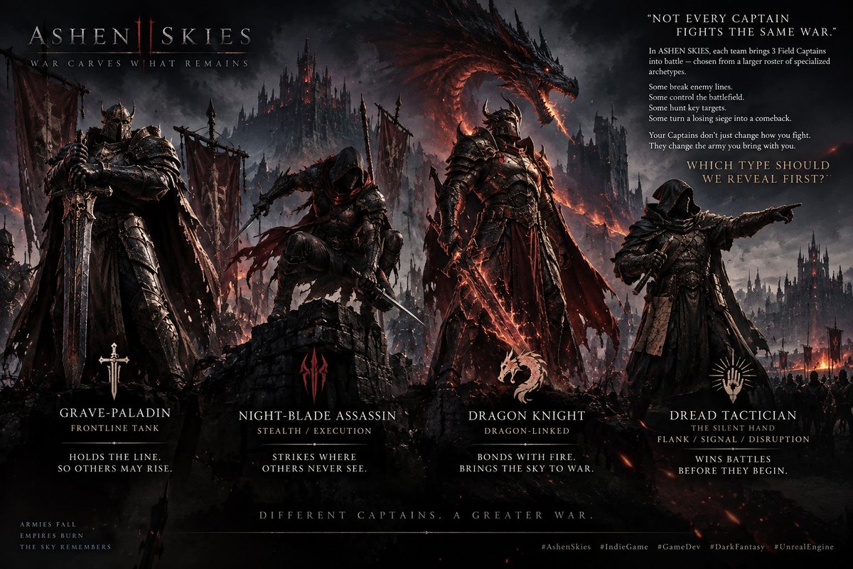 AshenSpireGames's tweet photo. Not every Captain fights the same war.

Meet four of the Field Captain archetypes in ASHEN SKIES:

⚔️ Grave-Paladin
Frontline Tank — holds the line so others may rise.

🩸 Night-Blade Assassin
Stealth / Execution — strikes where others never see.

🔥 Dragon Knight
Dragon-Linked — bonds with fire and brings the sky to war.

♟️ Dread Tactician — The Silent Hand
Flank / Signal / Disruption — wins battles before they begin.

Each team brings 3 Field Captains into battle, chosen from a much larger specialized roster.

Your Captains don’t just change how you fight.

They change the army you bring with you.

Which one would you take into battle first?

#AshenSkies #IndieGame #GameDev #DarkFantasy #UnrealEngine