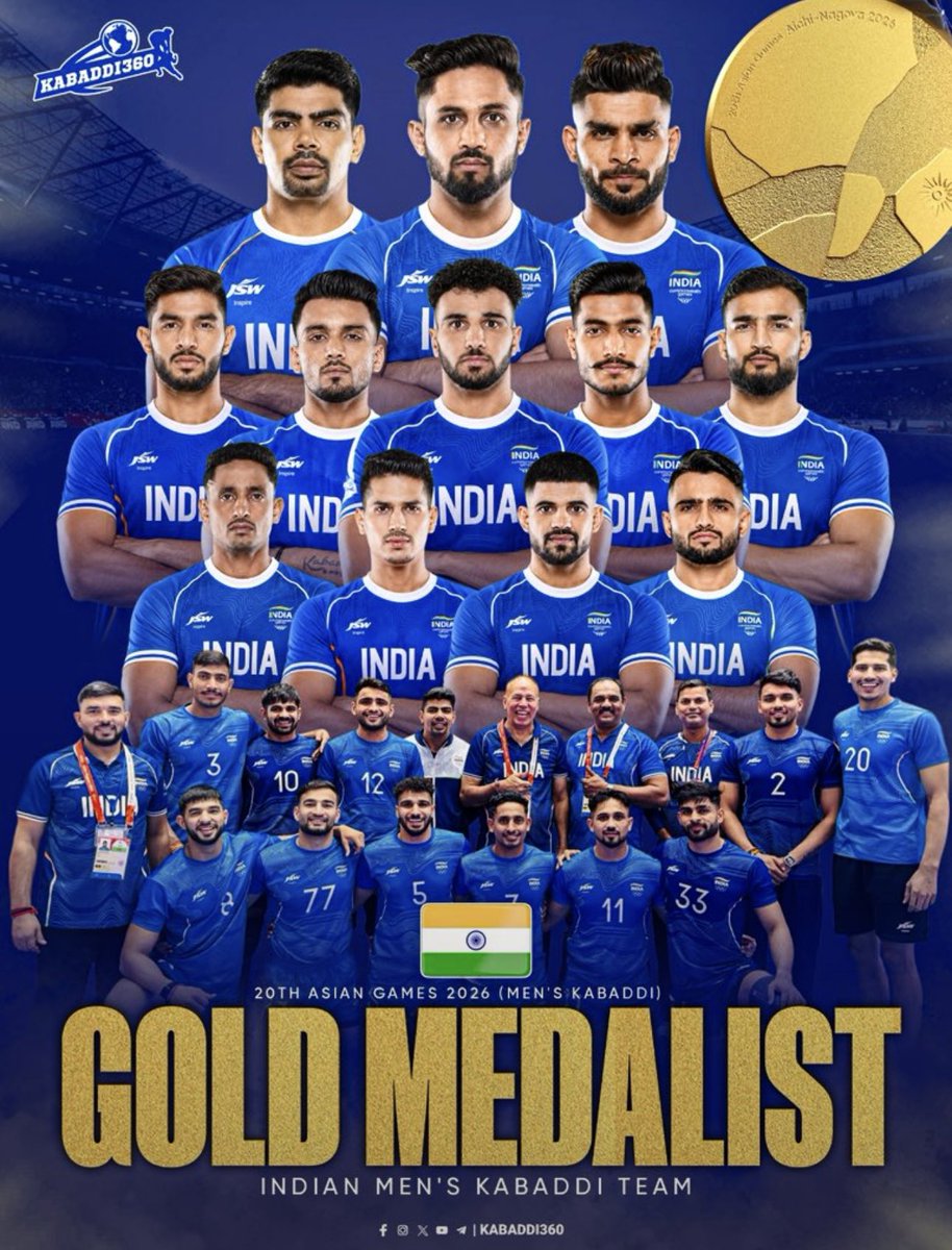 HardeepSPuri's tweet photo. Double Gold! 
What a performance by the Indian men’s kabaddi team!
India defeated Iran to clinch the gold medal, adding a second kabaddi gold to India’s tally after the women’s team secured the top prize earlier in the day.

Congratulations, Team India! 
A spectacular day for Indian kabaddi and a moment of immense pride for the nation! 

#TeamIndia #Kabaddi #GoldMedal #India #Champions