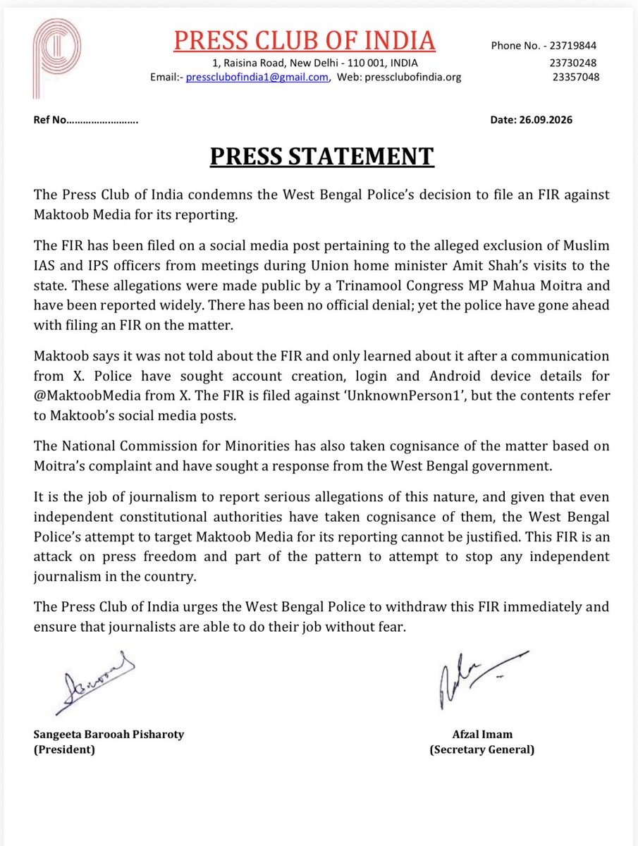 PCITweets's tweet photo. The Press Club of India condemns the West Bengal Police's decision to file an FIR against Maktoob Media for its reporting.

We urge the West Bengal Police to withdraw this FIR immediately and ensure that journalists are able to do their job without fear.

@WBPolice https://t.co/Ah0Q10JzZ6