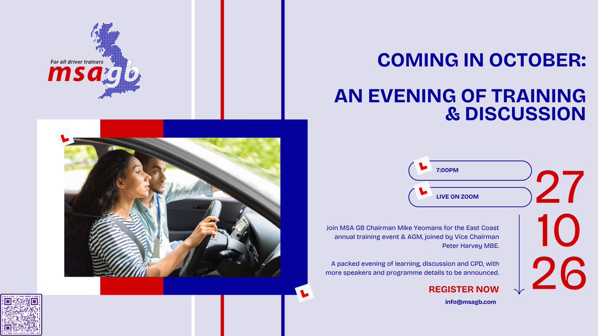 MSAGB's tweet photo. One date driving instructors will want in the diary. MSA GB East Coast annual training event with Chairman Mike Yeomans’ returns on 27 October at 7pm, live on Zoom, with Peter Harvey MBE and more speakers to be announced. Save the date. More details coming soon. https://t.co/MawIisx90O