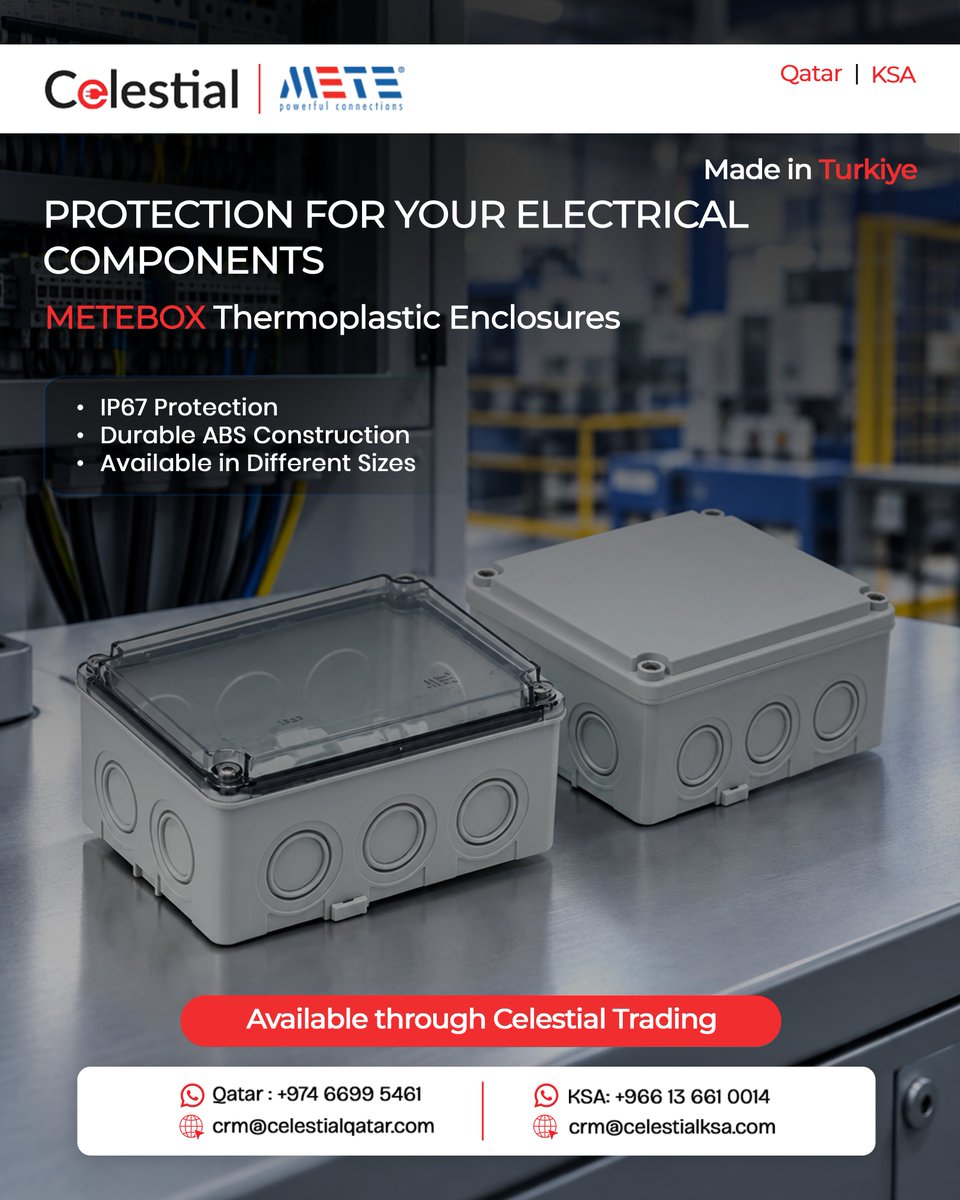 Celestial_trd's tweet photo. Protect electrical components with METEBOX thermoplastic enclosures. IP67 protection, durable construction and different sizes, 

Available through Celestial Trading in Qatar and Saudi Arabia today. 

#METEBOX #Oil #Gas #PetroChemical #Construction #ElectricSupply #KSA #Qatar https://t.co/CUh2n9vjMd