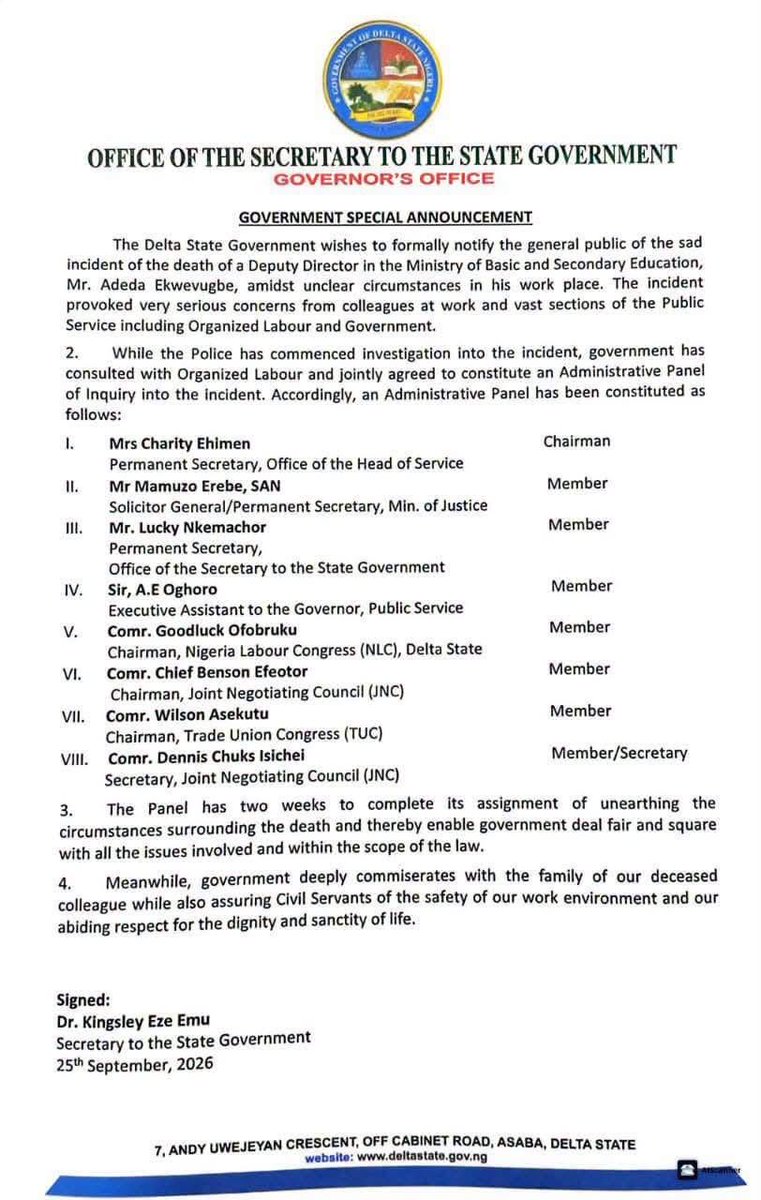fejirooliver86's tweet photo. Bomb dey Delta State Government head

What's the meaning of this committee?

Someone was murdered. We know the murderers and instead of straight sack, Mr Sheriff Oborowheri is setting up a committee that will cover up the murder.

Ok, let me just reveal all.

These are the names of the civil servants who tied Mr Unity Adeda hands and legs like barbecue and killed him. They are Amos Atah, Opute Celestine, Lucky Adoh, and others. Where are they?

Thos nonsense of setting up committees in this country in a clear matter has to stop.

Same way Tinubu set up a useless committee to probe obvious miners killed by NDCDC in Niger State instead of going straight to sack and prosecute. 

The APC Government loves killers and broad daylight murderers.

You think I would not have covered this case and taken thousands of dollars to buy a new car in the US and go vacation around the world? I would have if I wanted but I won't eat blood money and won't also allow a Government no matter how powerful such individual os to cover up this particular murder. Not on my watch.

This committee should be disbanded and the right thing done. A whole level 16 senior citizen who is a Perm Sec in waiting killed right inside the government premises and this is the best they could do?

Government of murderers, for murderers and by murderers 

Fejiro Oliver