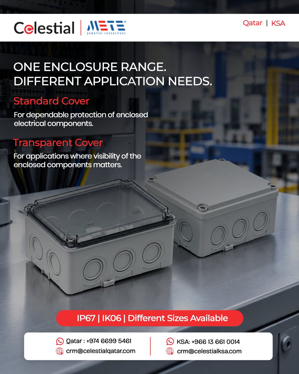 Celestial_trd's tweet photo. Protect electrical components with METEBOX thermoplastic enclosures. IP67 protection, durable construction and different sizes, 

Available through Celestial Trading in Qatar and Saudi Arabia today. 

#METEBOX #Oil #Gas #PetroChemical #Construction #ElectricSupply #KSA #Qatar https://t.co/CUh2n9vjMd