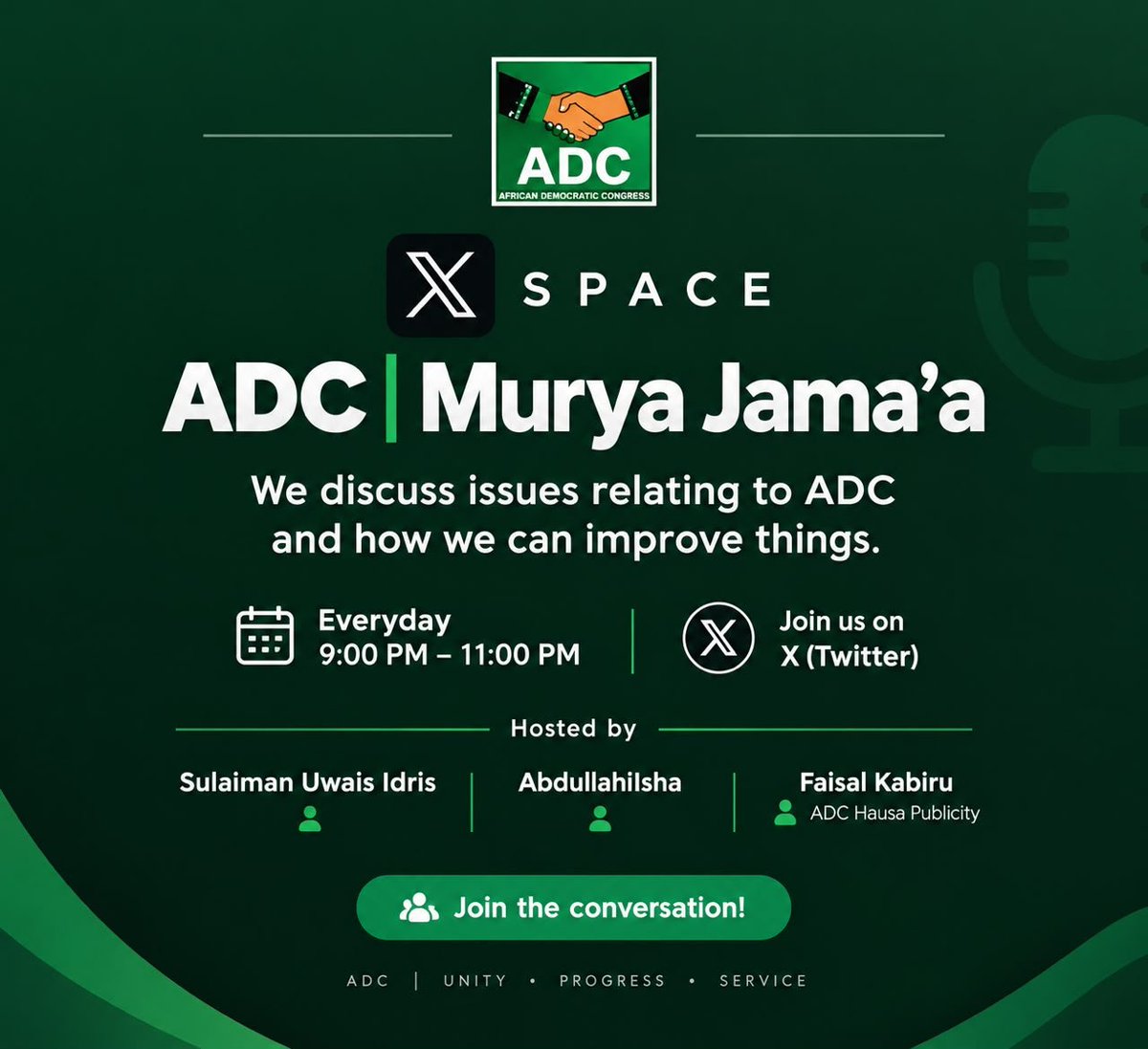 KafinHausaa's tweet photo. 🎙️ OUR NEW X SPACE COMMUNITY

ADC | Muryar Jama’a

Join us every day from 9:00 PM to 11:00 PM for discussions, ideas, updates, and conversations about ADC and the future of Nigeria.

ADC — Alheri. https://t.co/jN1TXV5xoo