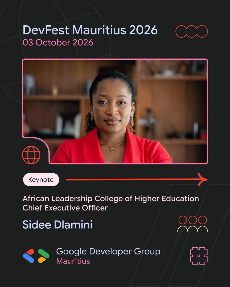MSCraftsman's tweet photo. Weโre pleased to welcome Sidee Dlamini, CEO of ALCHE, to DevFest Mauritius 2026 as a Keynote Speaker!
๐
03 October 2026
๐ African Leadership College of Higher Education (ALCHE), Mauritius
๐๏ธ Reserve your ticket: https://t.co/Jpr32SgfeQ
#DevFestMauritius #GDGMauritius https://t.co/lGlX5ZlEtb