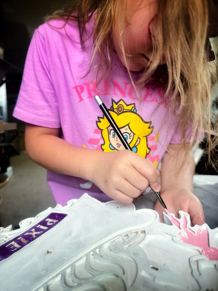 BorisFranzese's tweet photo. I’ve let Hope choose the colors for her monkey bars/playhouse sign. When we first asked her favorite color, she said “rainbow, ” so naturally that’s what she picked for the unicorn. We make a little progress each night before bath. Day 244/365 https://t.co/HsvvIGTGdS