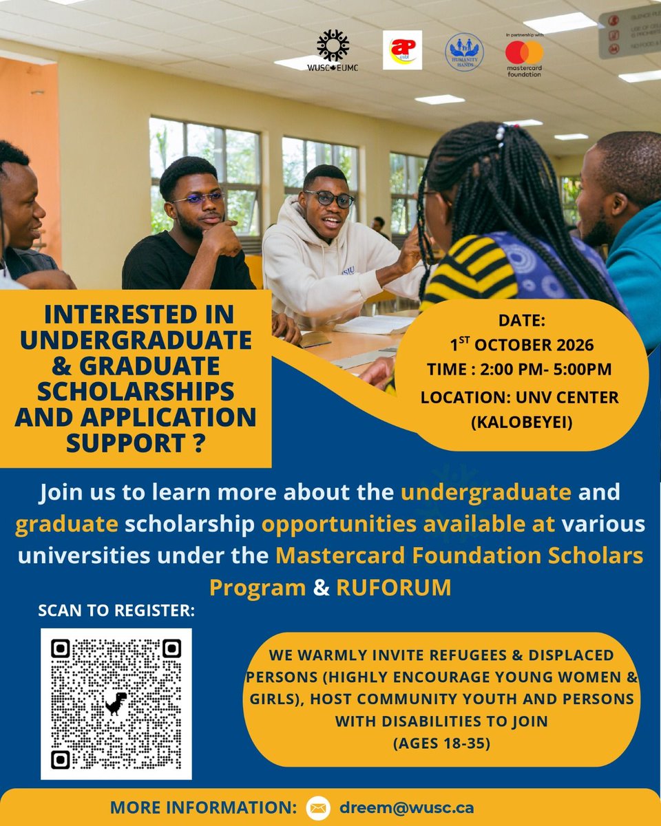 ActionProgres's tweet photo. Join us for a Scholarship Opportunities &amp; learn more about university opportunities available through the Mastercard Foundation Scholars Program and other pathways.
📅 Date: 1st October 2026
 ⏰ Time: 9:00 AM – 12:00 Noon
 📍 Venue: LWF Center, Kakuma 2 &amp; UNV Center, Kalobeyei https://t.co/sB6aXdq5hq