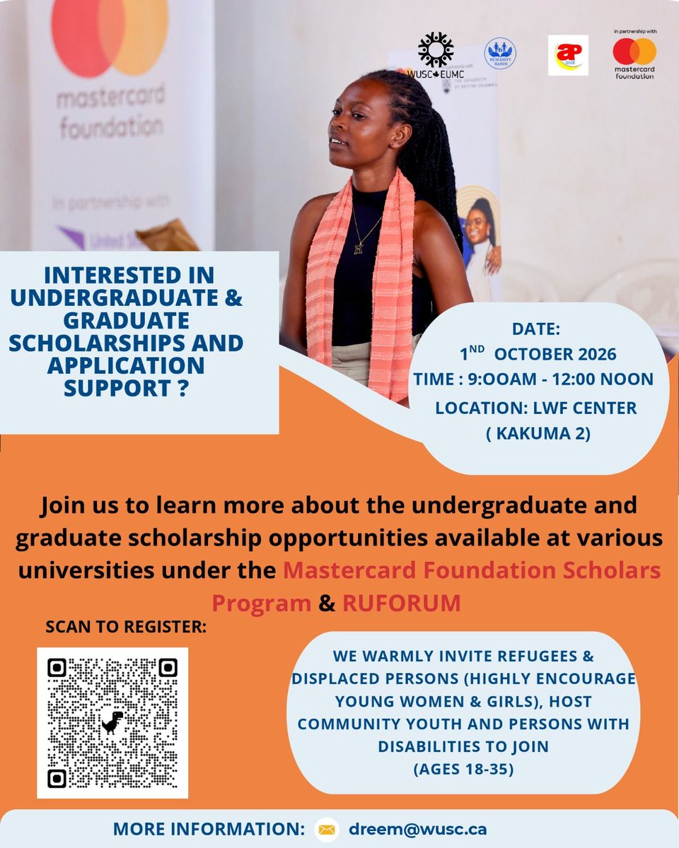 ActionProgres's tweet photo. Join us for a Scholarship Opportunities &amp; learn more about university opportunities available through the Mastercard Foundation Scholars Program and other pathways.
📅 Date: 1st October 2026
 ⏰ Time: 9:00 AM – 12:00 Noon
 📍 Venue: LWF Center, Kakuma 2 &amp; UNV Center, Kalobeyei https://t.co/sB6aXdq5hq
