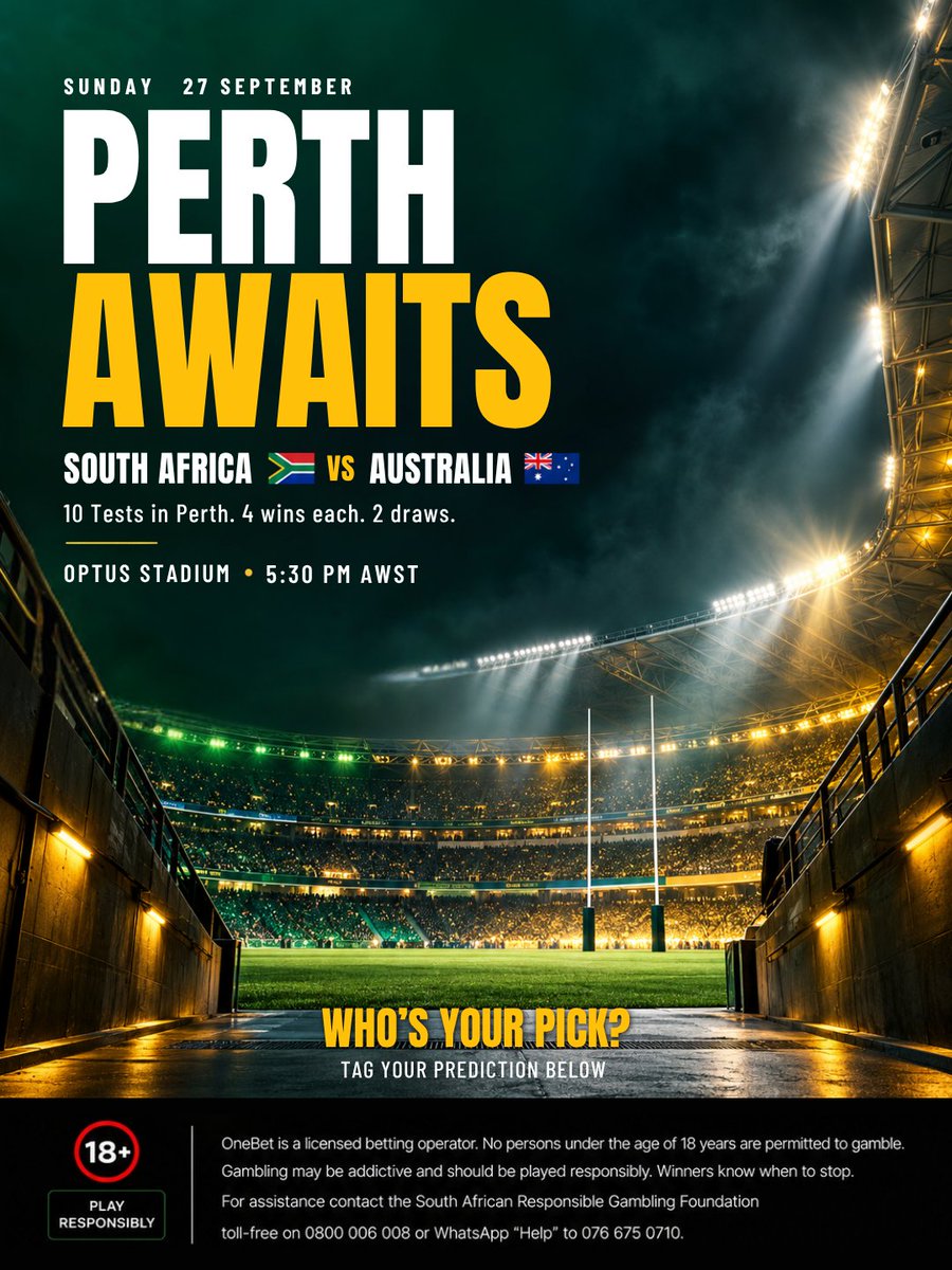 OneBet_SA's tweet photo. 🏉 PERTH AWAITS. 🇿🇦

South Africa and Australia meet again this Sunday at Optus Stadium — and history shows just how closely matched these two sides have been in Perth.

10 Tests in Perth.
🇿🇦 South Africa — 4 wins
🇦🇺 Australia — 4 wins
🤝 2 draws

Now, another chapter is ready to be written under the lights.

📍 Optus Stadium, Perth
📅 Sunday, 27 September 2026
⏰ 5:30 PM AWST

No predictions from us — we want to hear yours. 👀

👇 Who’s your pick? Tag your prediction below!

#OneBetSA #SouthAfricaRugby #Springboks #Bokke #RugbySouthAfrica 

Responsible gambling disclaimer:
OneBet is a licensed betting operator. No persons under the age of 18 years are permitted to gamble. Gambling may be addictive and should be played responsibly. Winners know when to stop. For assistance, contact the South African Responsible Gambling Foundation toll-free on 0800 006 008 or WhatsApp "Help" to 076 675 0710.
Entertainment only. 18+ | Licensed by the WCGRB.