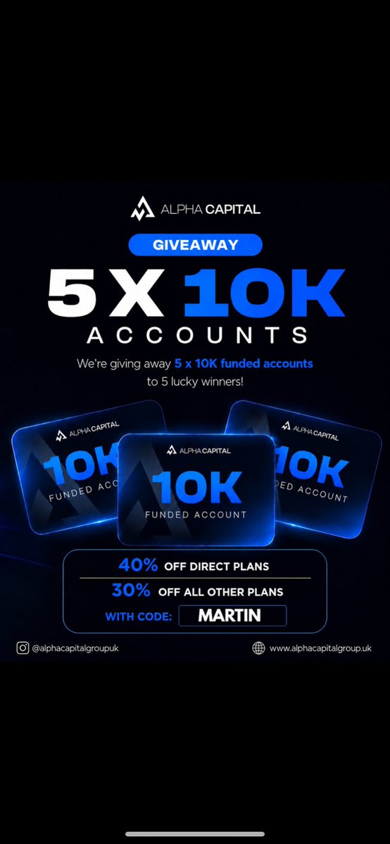 martinfxtrade's tweet photo. Giveaway 🎁 

I’ll be giving out 5 x $10,000 @AlphaCapitalUK challenge account. 

All you need to do is… 

✅ Follow @AlphaCapitalUK & @martinfxtrade 
✅ Like, repost & engage with the quoted post
✅ Tag 3 friends
✅ Join my Telegram: https://t.co/Ylwyw7D5Kb
✅ Sign up using my link: https://t.co/rZVzNNeZs9

You can also get 50% OFF all accounts using code MARTIN50. 

Winners will be announced soon.