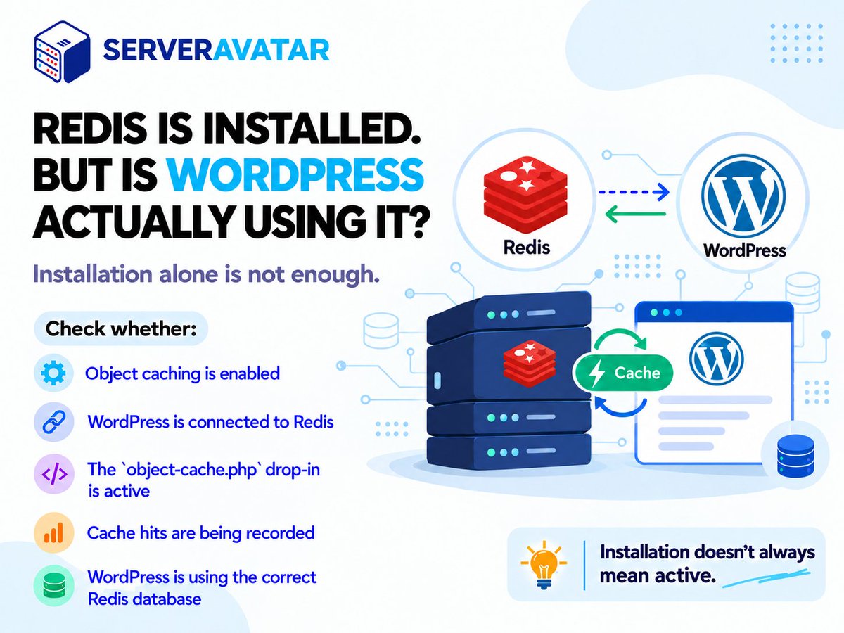 ServerAvatar's tweet photo. Redis is installed but is WordPress actually using it? 👀

Check:
• Connection status
• Cache hits/misses
• Redis database
• object-cache.php drop-in

Don’t assume Redis is working. Verify it. 🚀

#WordPress #Redis #WordPressPerformance #WebPerformance #PHP #WebDevelopment https://t.co/6sI3iVhbOY
