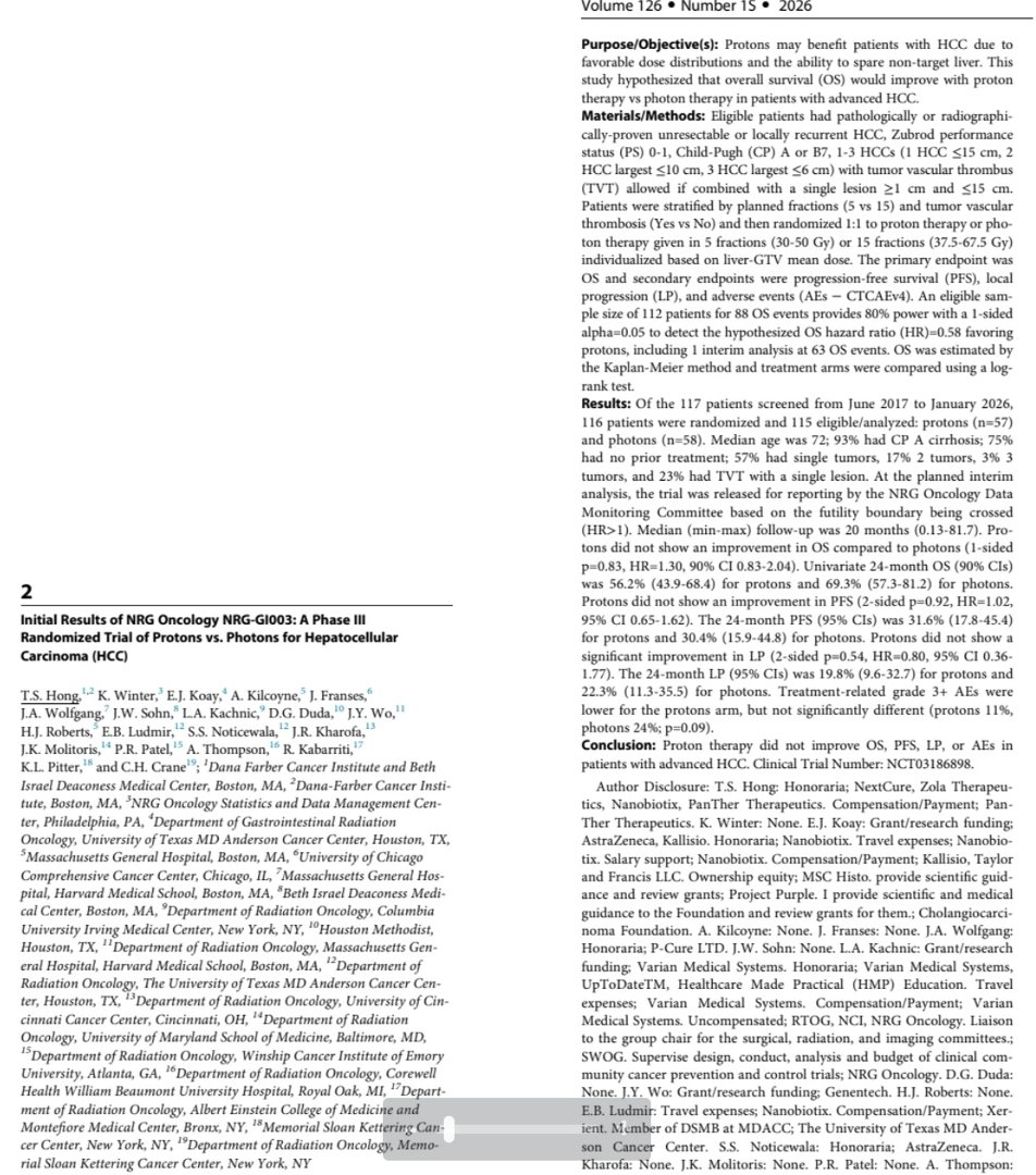 SROBF_EBM's tweet photo. Initial Results of NRG Oncology NRG-GI003: A Phase III
Randomized Trial of Protons vs. Photons for HCC #ASTRO2026 
Conclusion: Proton therapy did not improve OS, PFS, LP, or AEs in patients with advanced HCC. 
Clinical Trial Number: NCT03186898. https://t.co/IP8fnd0ahS