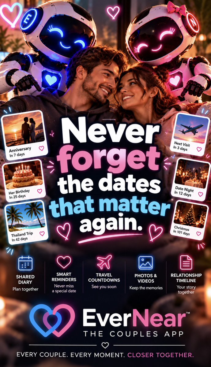EverNearApp's tweet photo. Never forget the dates that matter, partners birthday, anniversary, planned events, relationship milestones.
EverNear keeping you connected in your own couples digital space. #relationship #ldr #couples #fyp #couplesapp #love #longdistance https://t.co/Ex5Ulechk3