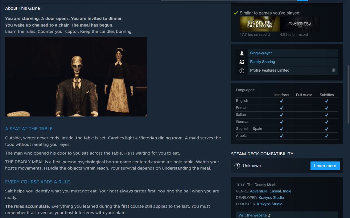 KravyosStudio's tweet photo. A sneak peek at The Deadly Meal’s Steam page. 🕯️

It’s still a work in progress and isn’t public yet, but reaching this milestone feels really good!

What do you think of this first look?

#IndieGame #HorrorGame https://t.co/KW1vmVg1cV
