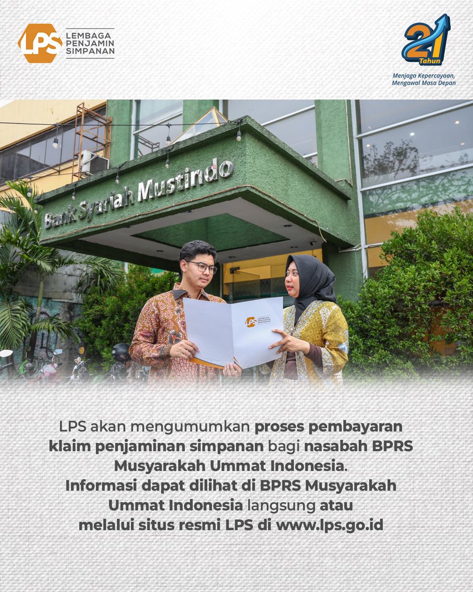 lps_idic's tweet photo. Sahabat LPS, LPS saat ini sedang menyiapkan proses pembayaran klaim penjaminan simpanan nasabah PT BPRS Musyarakah Ummat Indonesia atau Bank Syariah Mustindo di Kota Tangerang, Banten, setelah izin BPRS tersebut dicabut izin usahanya oleh Otoritas Jasa Keuangan (OJK) terhitung sejak 25 September 2026.

LPS akan melakukan rekonsiliasi dan verifikasi data simpanan serta informasi lainnya untuk menetapkan simpanan yang akan dibayar. Proses rekonsiliasi dan verifikasi ini akan diselesaikan dalam waktu paling lama 90 hari kerja sejak tanggal pencabutan izin usaha bank.

LPS mengimbau agar nasabah PT BPRS Musyarakah Ummat Indonesia tetap tenang dan tidak terpengaruh oleh pihak-pihak yang dapat menghambat proses pembayaran klaim dan likuidasi bank. Nasabah juga diingatkan untuk tidak mempercayai pihak yang menjanjikan bantuan pengurusan klaim dengan imbalan atau biaya tertentu.

Untuk informasi lebih lanjut, nasabah dapat menghubungi Pusat Layanan Informasi (Puslinfo) LPS di nomor berikut:
👉🏻No. Telp: 154 / 021 – 39525070 
👉🏻WhatsApp: 0811-1154-154
👉🏻Email: informasi@lps.go.id

#LPSIndonesia #AyoNabungdiBank #KuAmanAdaLPS #SahabatNasabahIndonesia
